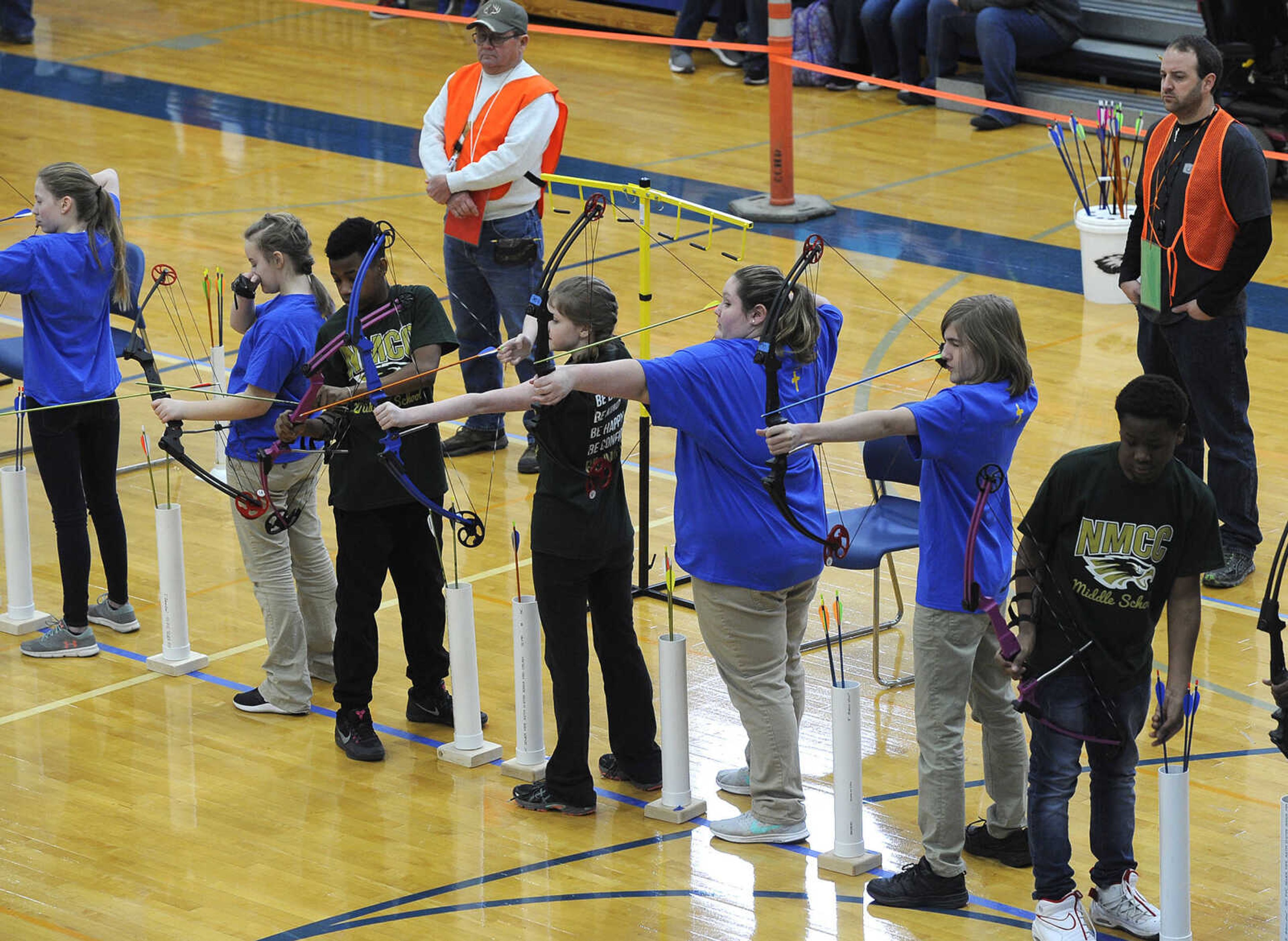 FRED LYNCH ~ flynch@semissourian.com
Archers shoot at the targets Saturday, Feb. 3, 2018 during a National Archery in the Schools Program tournament at Immaculate Conception Catholic School in Jackson.