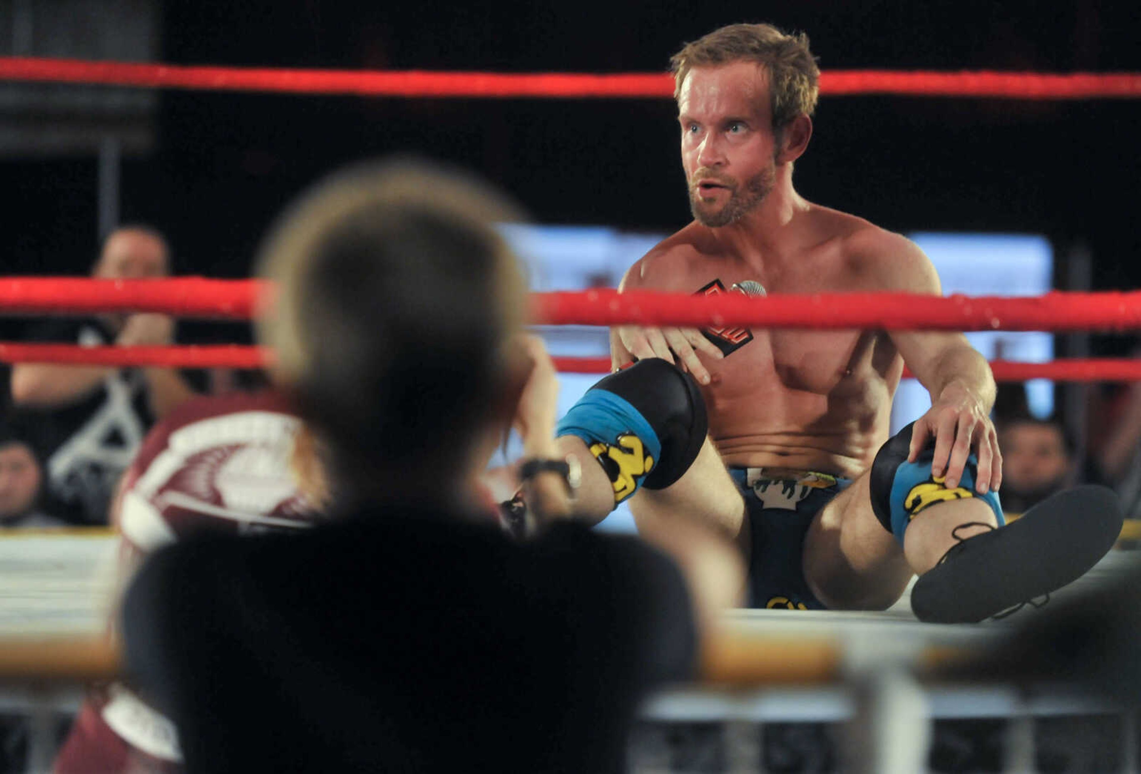 CCW wrestler Gregory "The Handicapped Hero" Iron speaks to the crowd after finishing a match in the One Night Riot event Saturday, Feb. 24, 2018, at the Arena Building in Cape Girardeau.