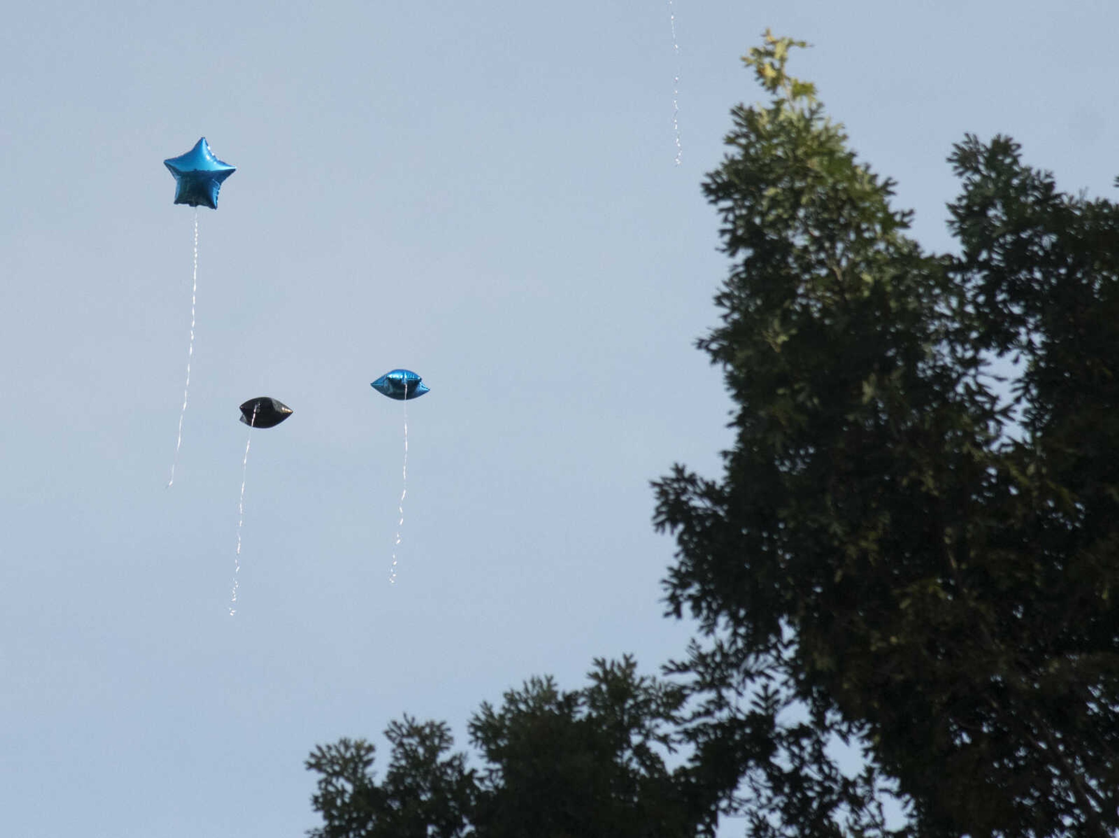 Balloons drift into the distance after being released during a prayer vigil at the "5th annual Tay Day," in reference to the late Detavian L. Richardson, on Saturday, Aug. 10, 2019, at Capaha Park in Cape Girardeau. The event was organized around the fifth anniversary of the Cape Girardeau shooting deaths of Richardson, 20, and Zatrun R. Twiggs, 28, on Aug. 3, 2014.