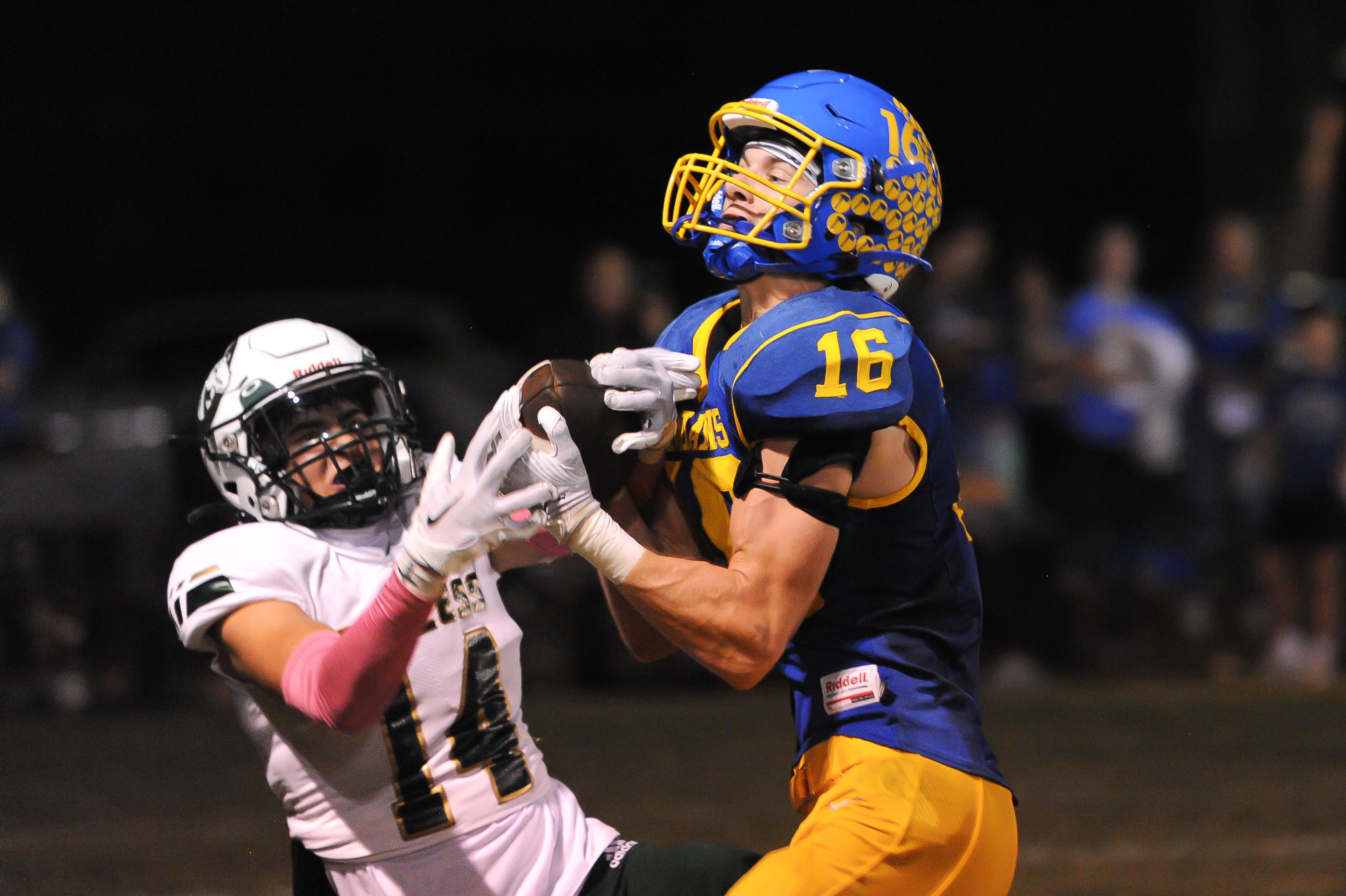 St. Vincent’s John Schwartz picks a ball off in the end zone during a game between the St. Vincent Indians and the Bayless Bronchos on Friday, Oct. 4, at St. Vincent High School in Perryville. St. Vincent defeated Bayless 56-21.