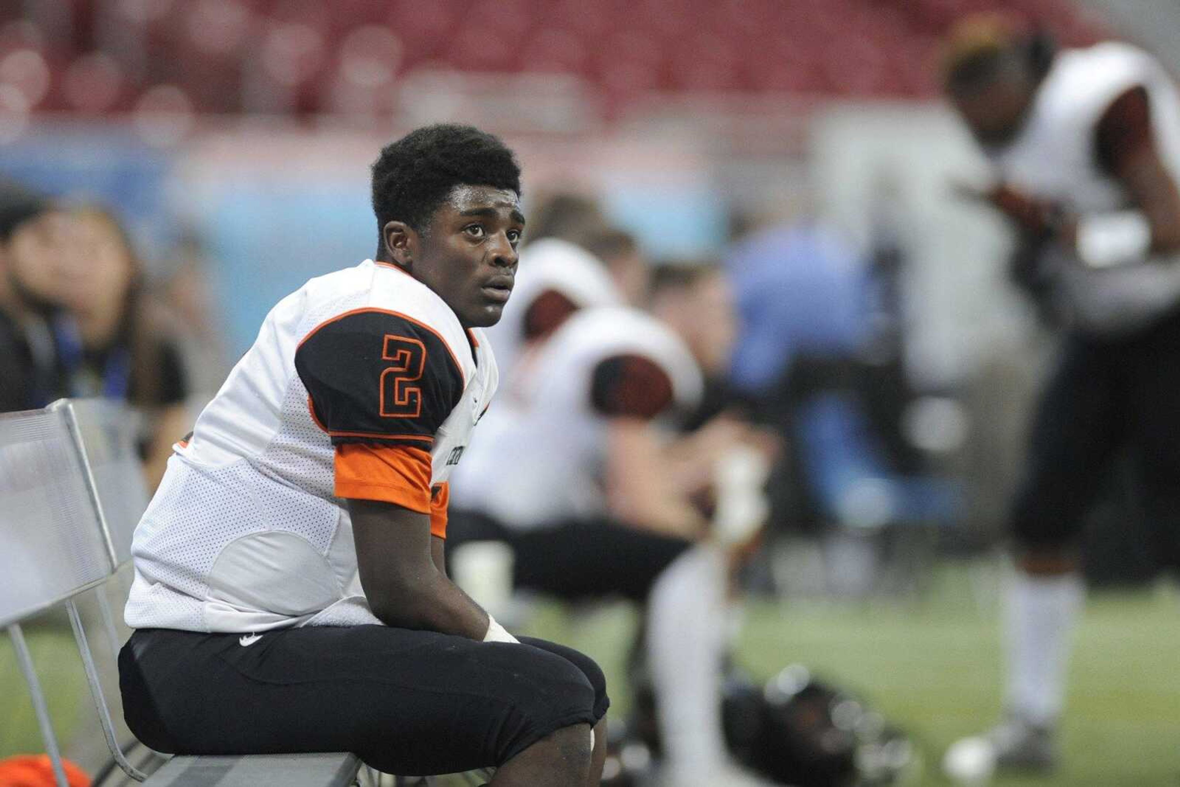 Central's Kway'Chon Chisom looks to the jumbotron during the Class 4 state championship against Webb City at the Edward Jones Dome in St. Louis. Webb City won 48-21 for its 13th state title. Chisom has both rushed and passed for more than 900 yards in his first year as starting quarterback for the Tigers.