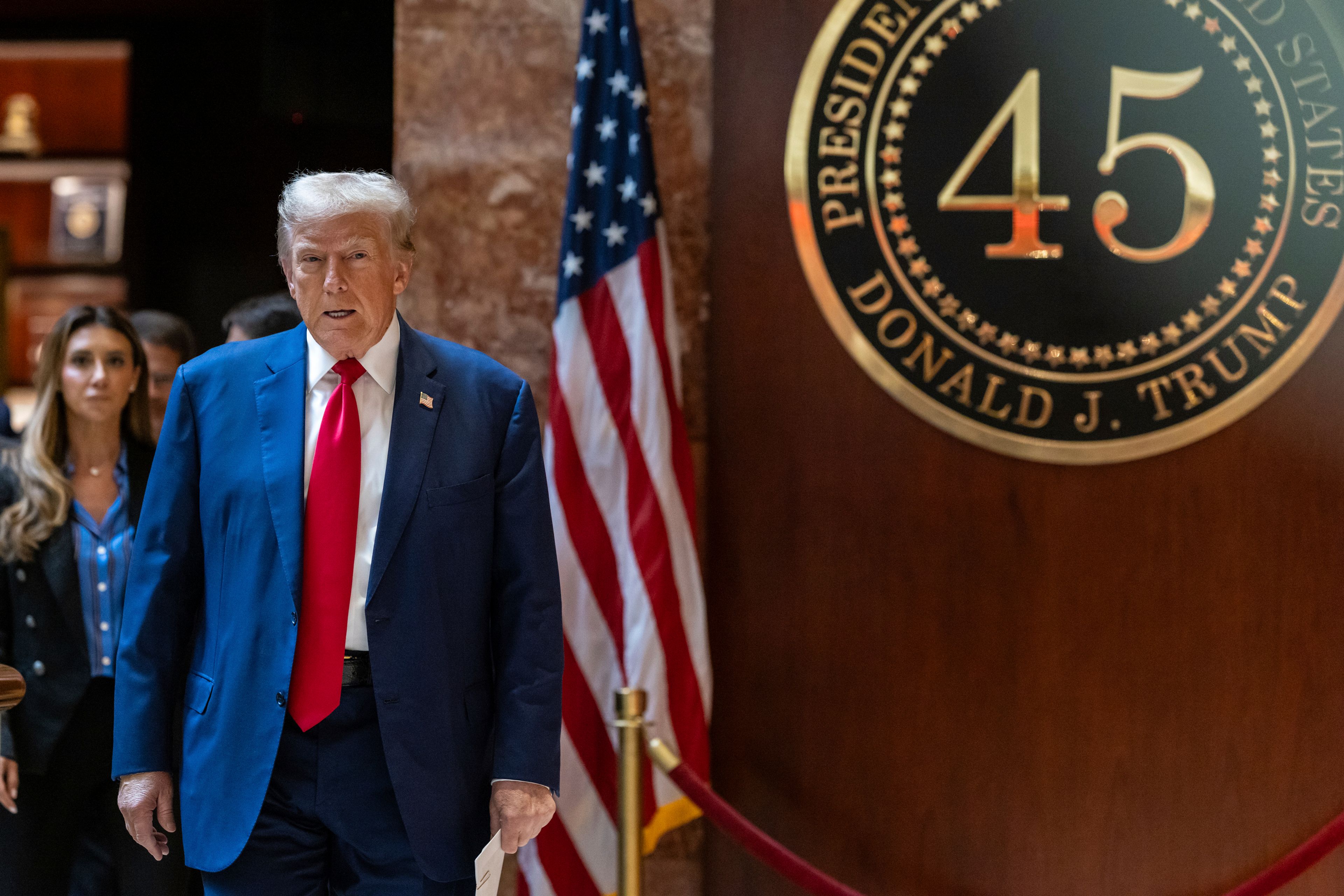 Republican presidential nominee former President Donald Trump arrives for a news conference held at Trump Tower, Friday, Sept., 6, 2024, in New York. (AP Photo/Stefan Jeremiah)