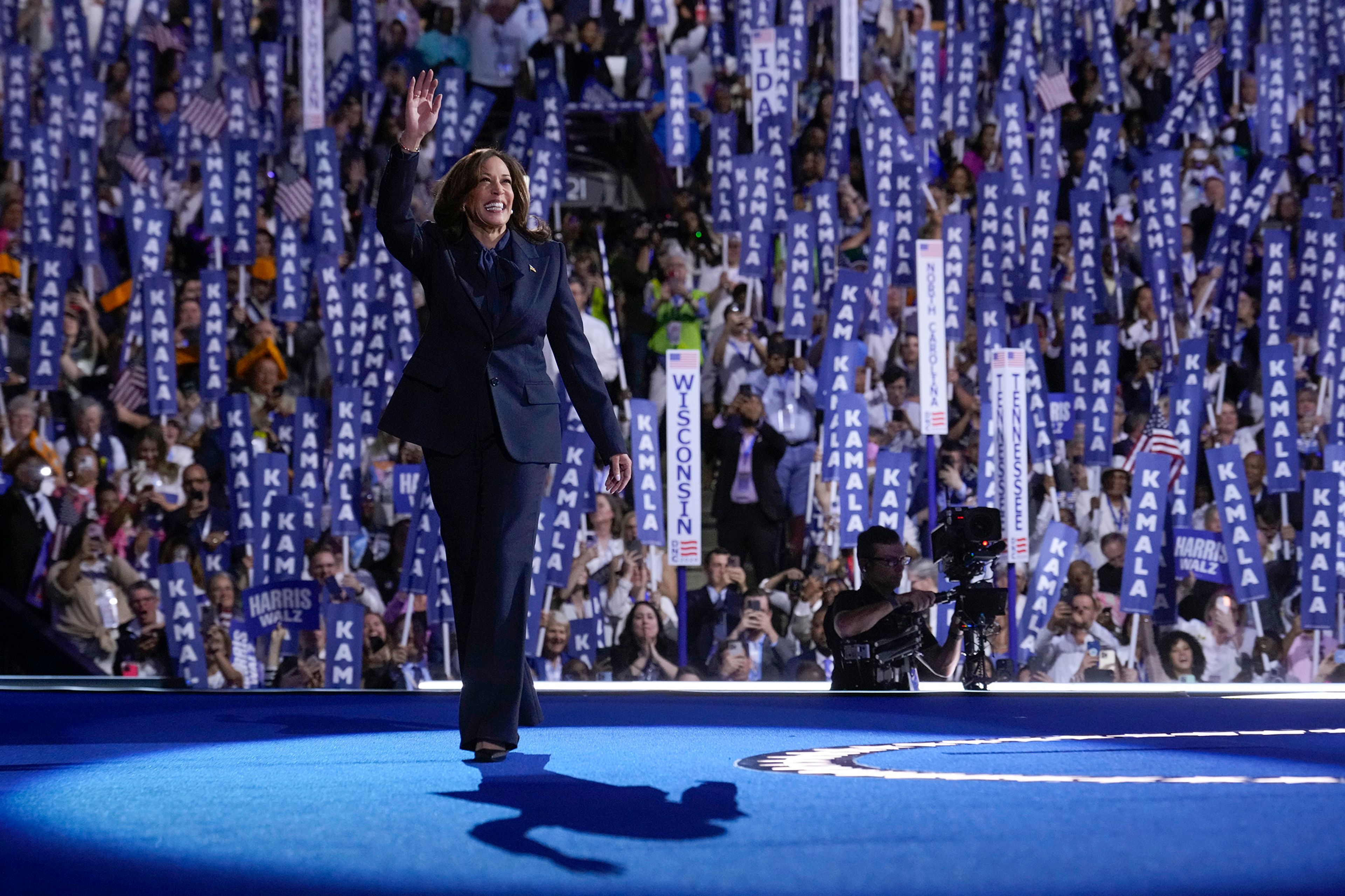 Democratic presidential nominee Vice President Kamala Harris arrives to speak on the final day of the Democratic National Convention, Thursday, Aug. 22, 2024, in Chicago. 