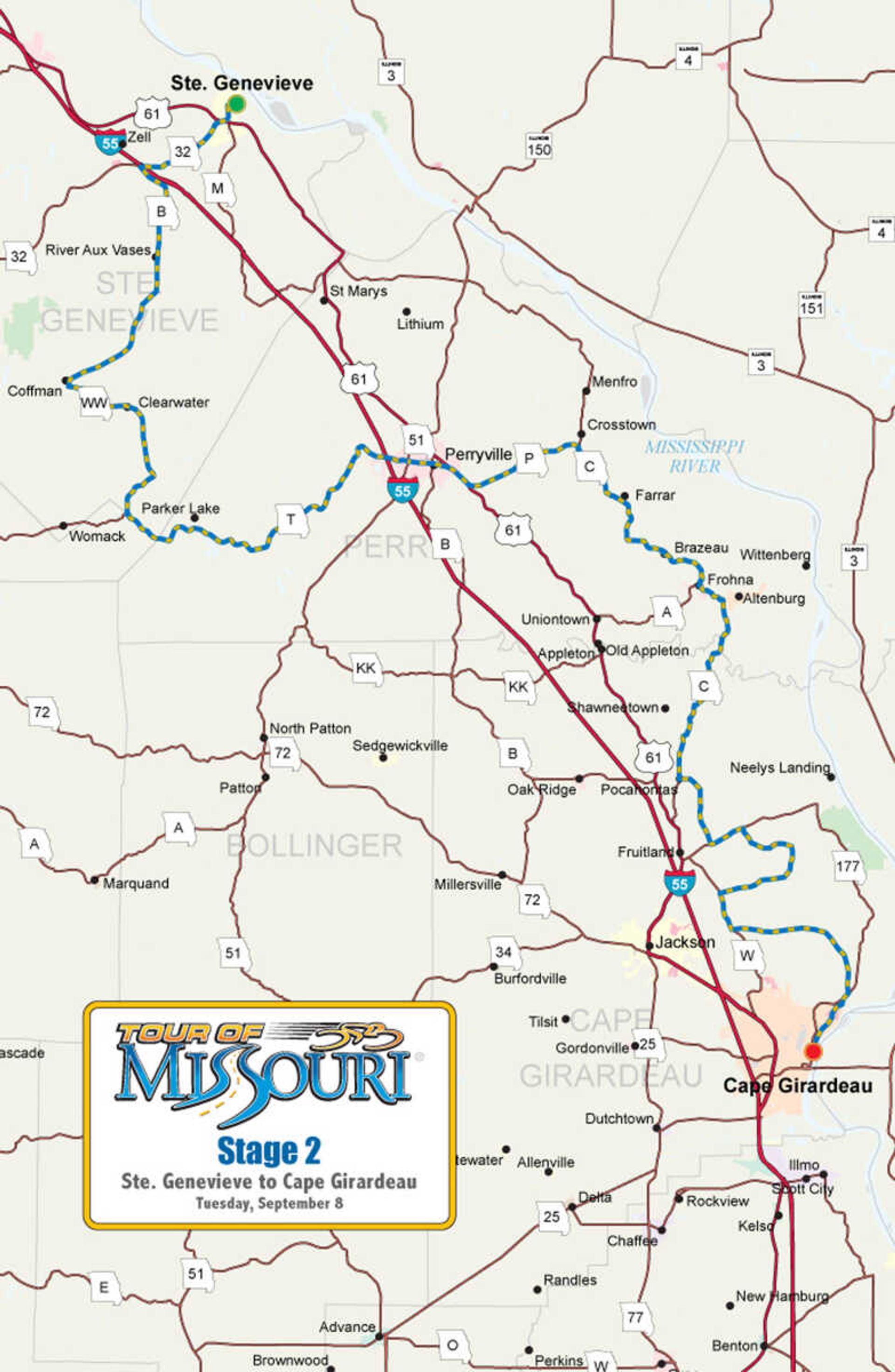 Map of Stage 2, which will finsih in Cape Girardeau, provided by the Tour of Missouri.