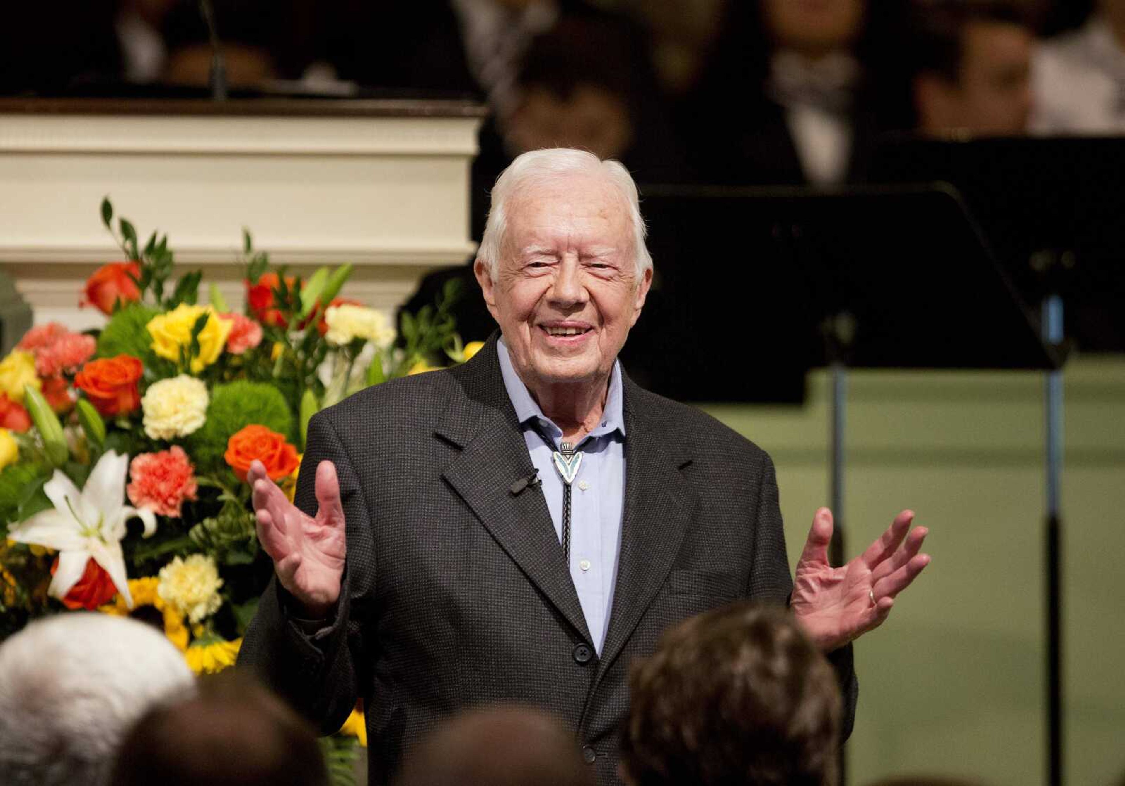 Former president Jimmy Carter teaches Sunday school class Sunday at Maranatha Baptist Church in his hometown of Plains, Georgia. (David Goldman ~ Associated Press)