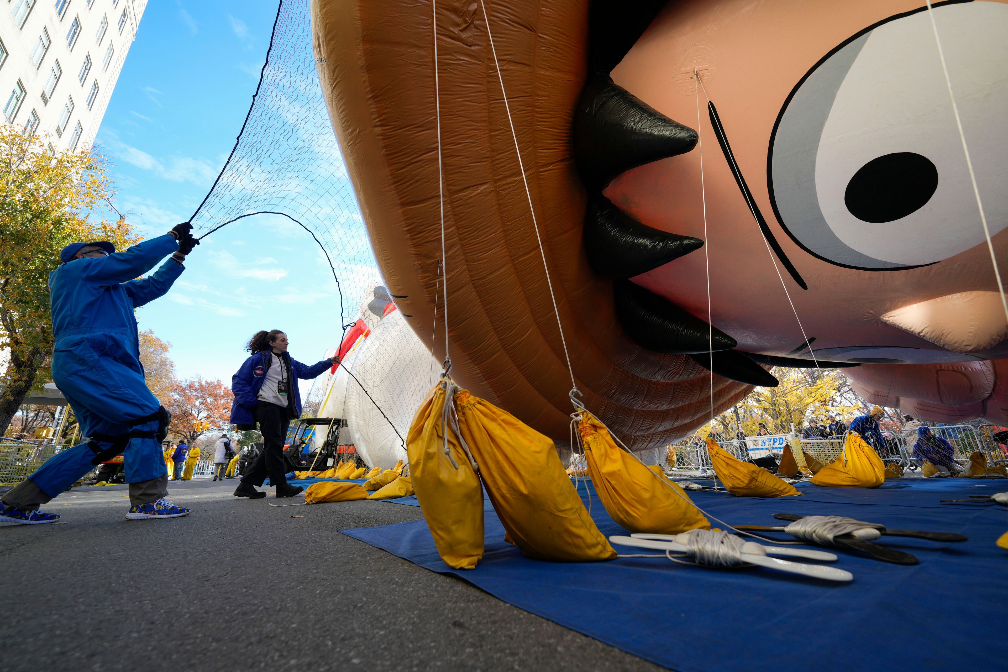 A float featuring a character from the show "One Piece" is inflated in preparation for the Macy's Thanksgiving Day Parade in New York, Wednesday, Nov. 27, 2024. (AP Photo/Seth Wenig)