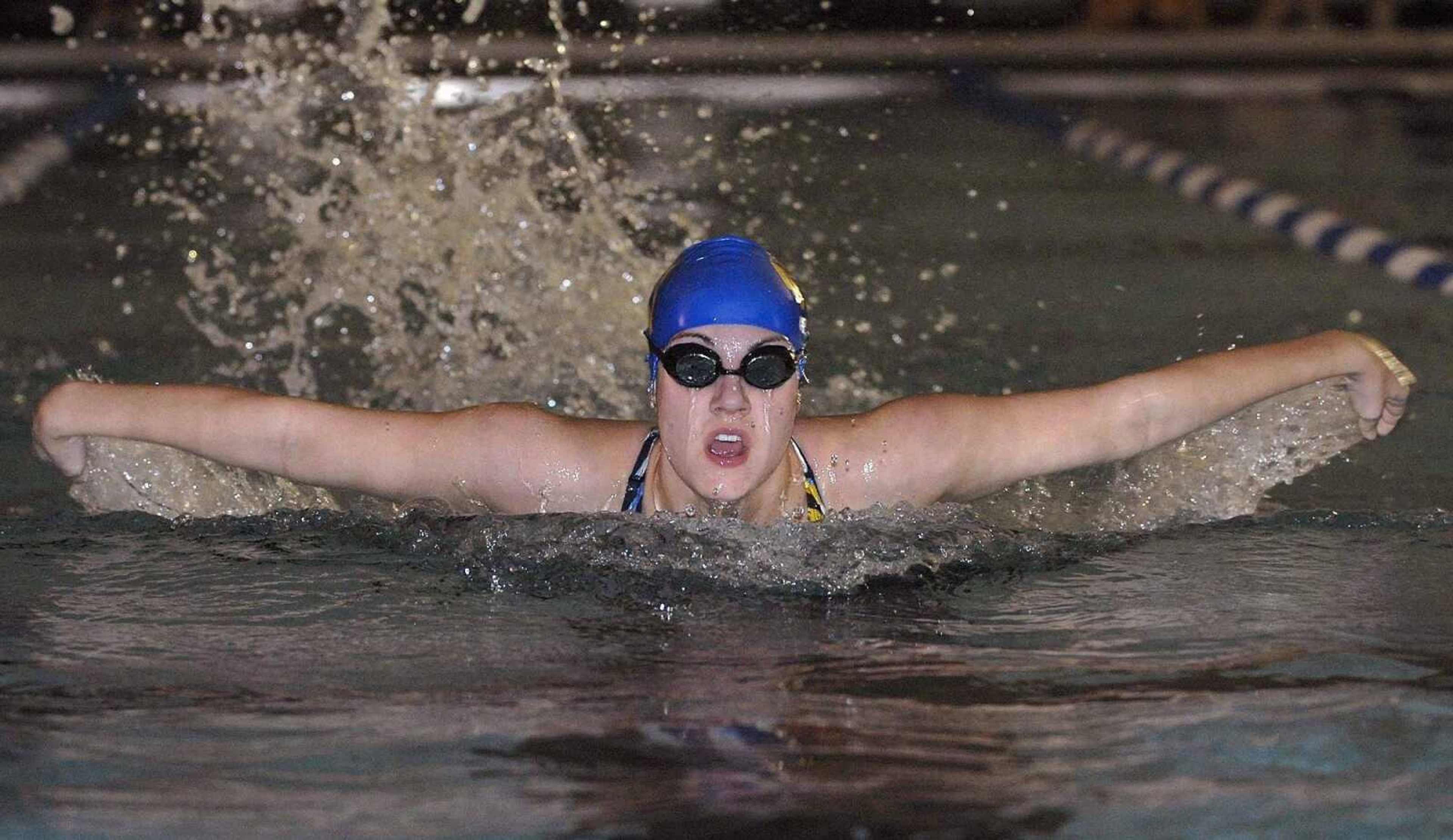 FRED LYNCH ~ flynch@semissourian.com<br>St. Vincent's Sarah DeWilde competes during the 200 IM at the Notre Dame quad meet Monday at the Central Municipal Pool.