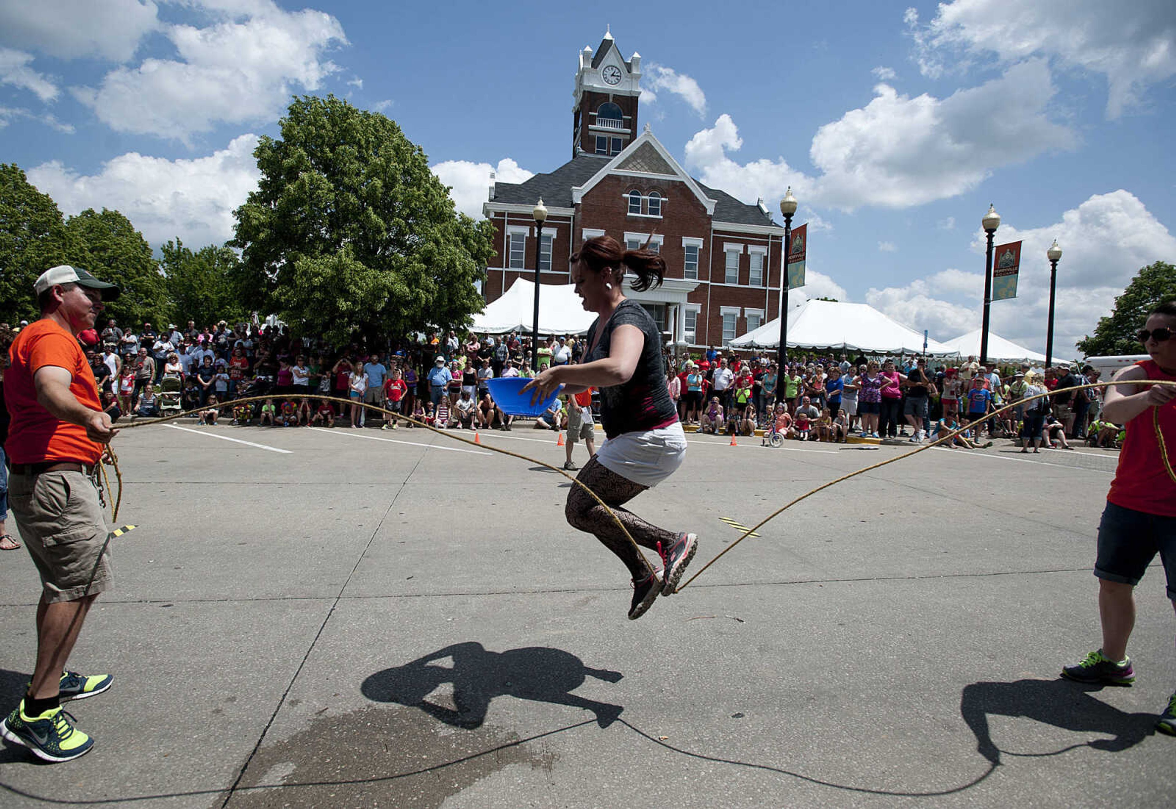 Misty Taylo jumps rope while competing with the Biker Babes team in the Perryville Mayfest Bed Races Saturday, May 10, in Perryville, Mo.