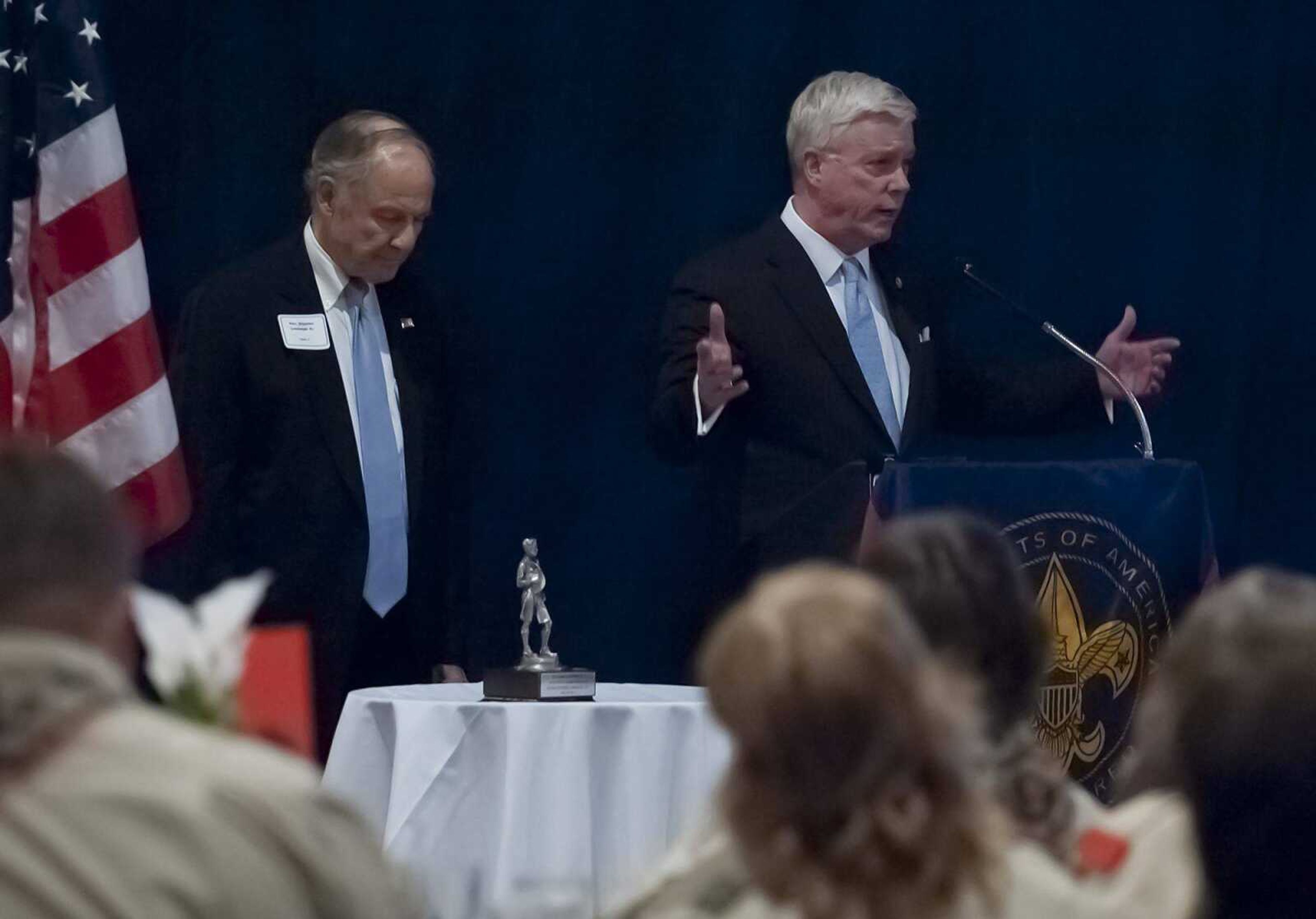 ADAM VOGLER ~ avogler@semissourian.com<br>Lt. Gov. Peter Kinder, right, speaks about U.S. District Judge Stephen Limbaugh Sr., before presenting Limbaugh with the 2014 Dr. James A. Kinder Jr. Good Scout Award during the Good Scout Award Dinner <br>Thursday, April 24, at Plaza By Ray's in Cape Girardeau.