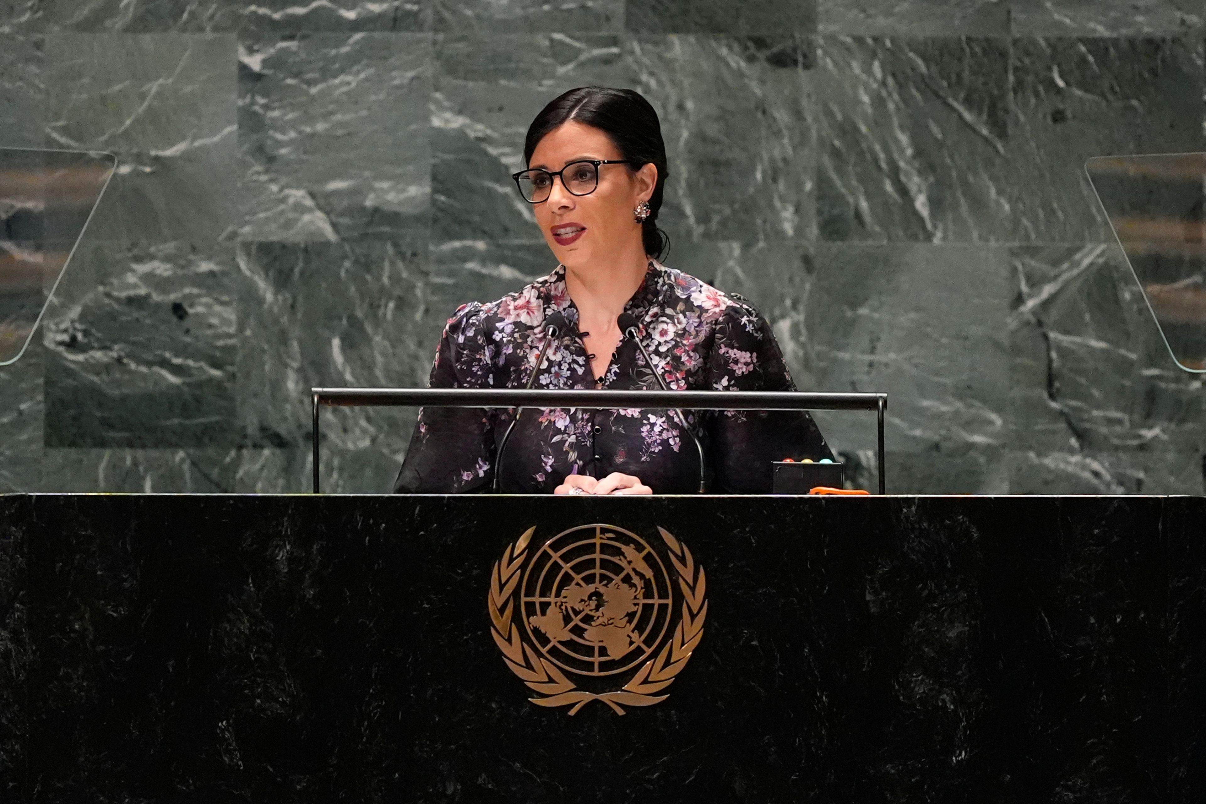 Liechtenstein Foreign Minister Dominique Hasler addresses the 79th session of the United Nations General Assembly, Thursday, Sept. 26, 2024. (AP Photo/Pamela Smith)