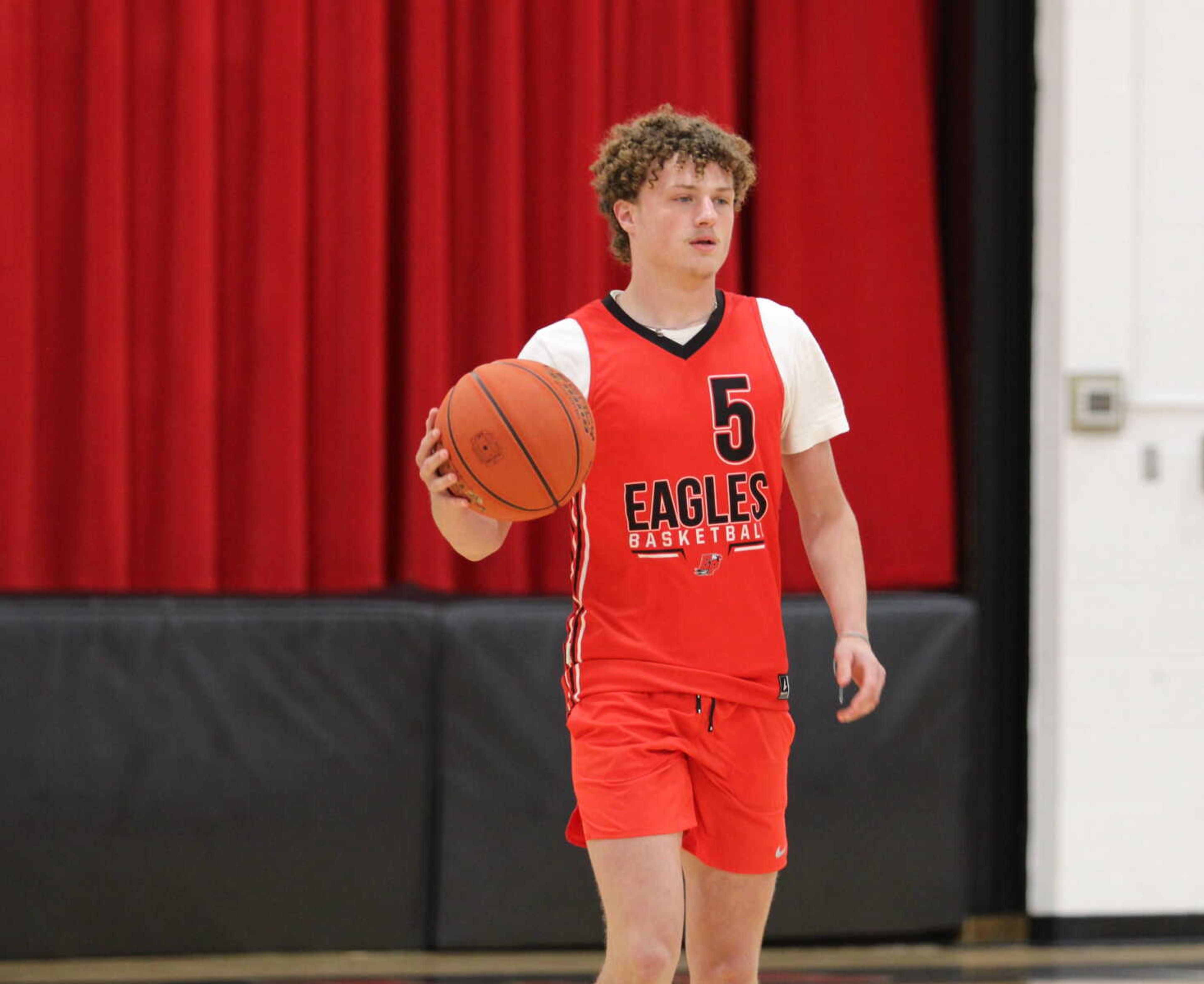 East Prairie's Connor Marcum brings the ball down the floor against Oran during the Chaffee Varsity Summer Shootout on Wednesday, June 5, in Chaffee, Mo.