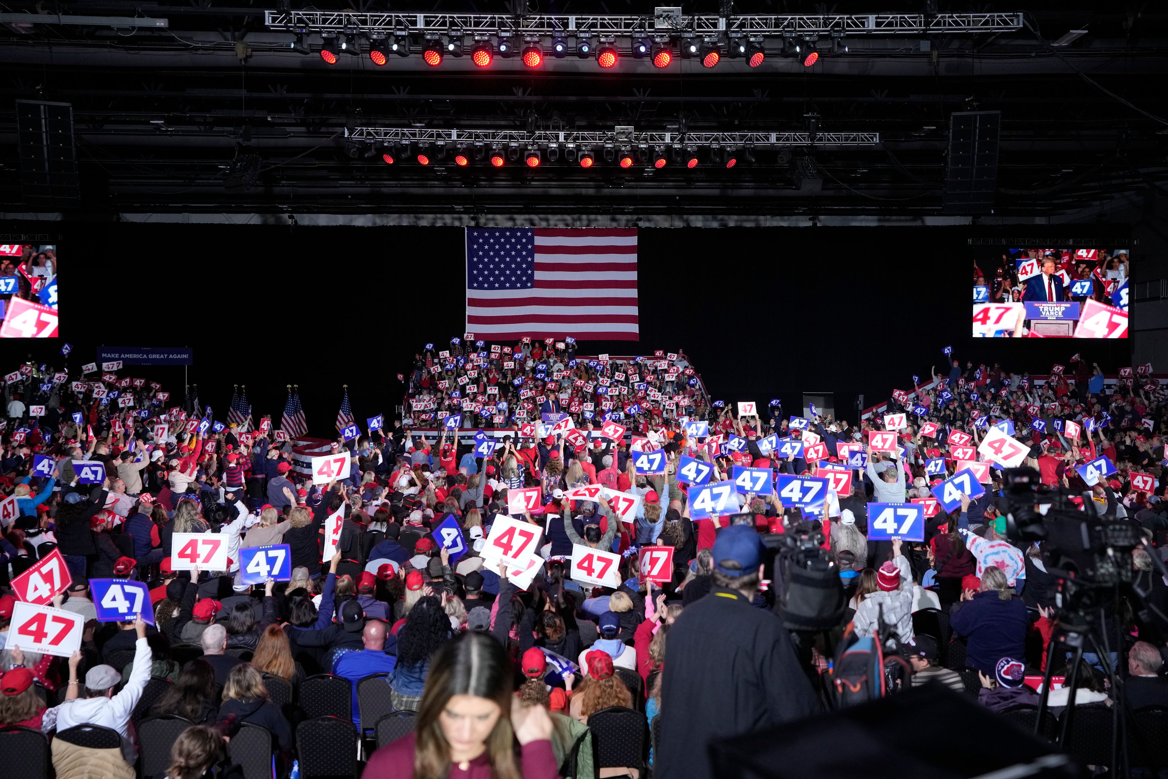 Republican presidential nominee former President Donald Trump speaks during a campaign rally at the Suburban Collection Showplace, Saturday, Oct. 26, 2024 in Novi, Mich. (AP Photo/Carlos Osorio)