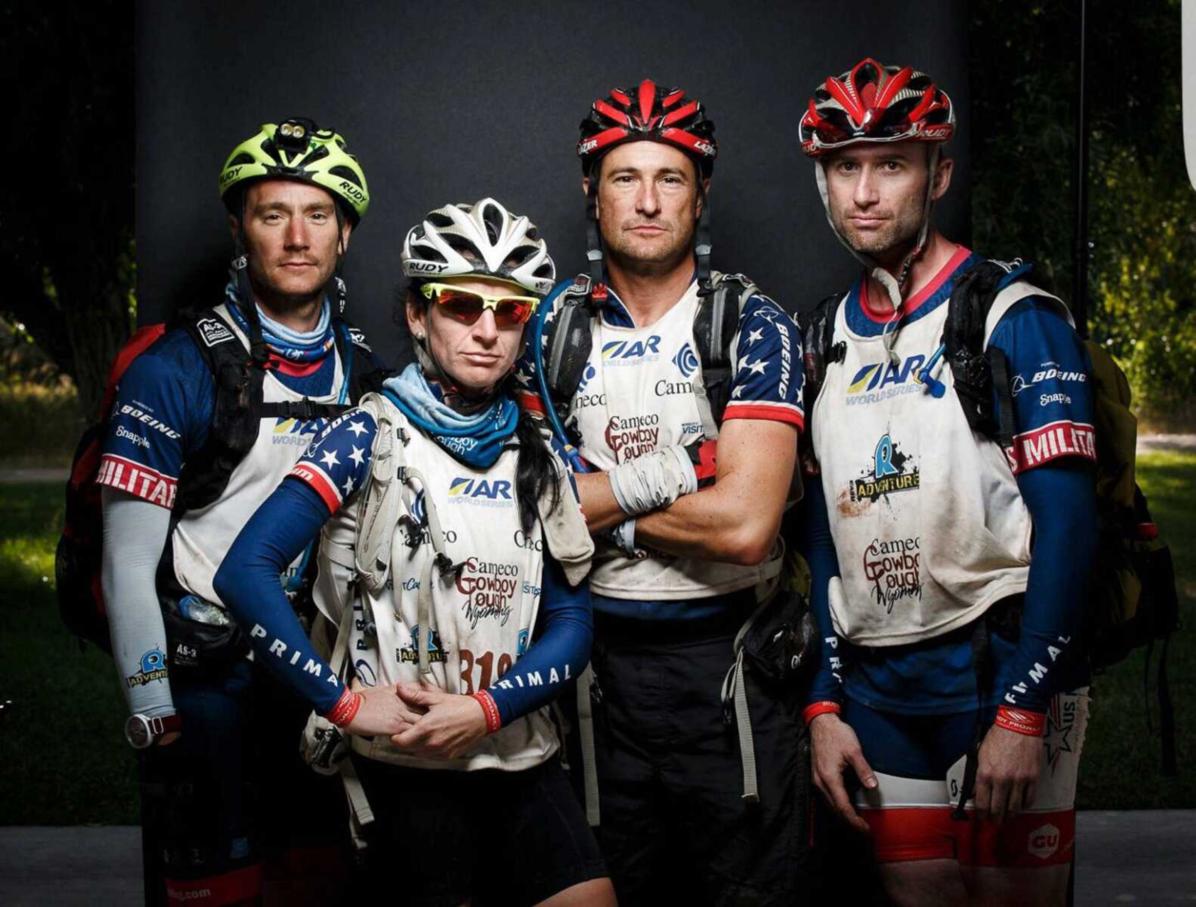 Cape Girardeau resident Bryan Greaser, second from right, stands with USMES teammates Ron Flick, Shannon Gaffney and Jim Weinstein. The four-person team completed the 3  -day Cowboy Tough race in Wyoming on July 14-17.