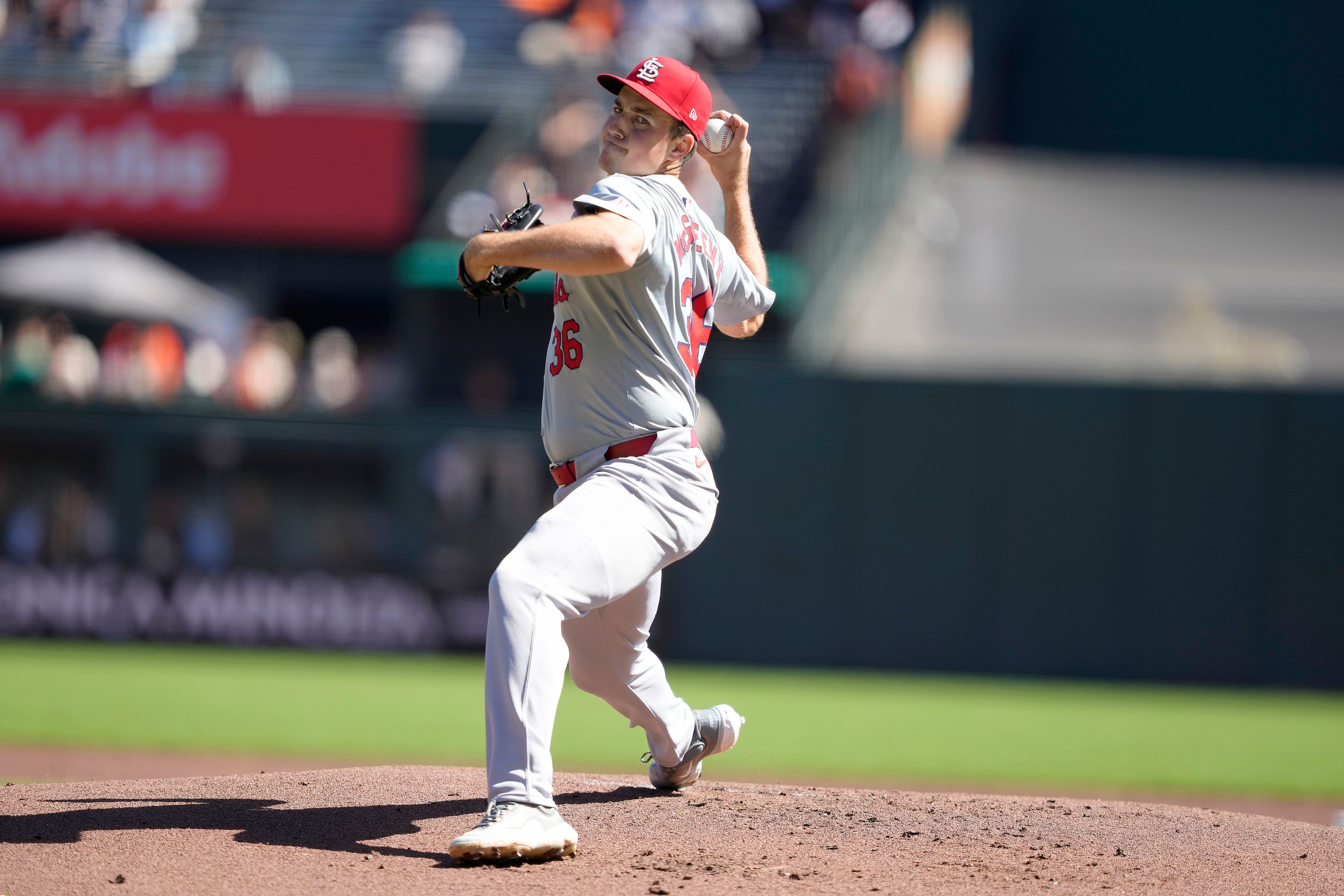 St. Louis Cardinals pitcher Michael McGreevy throws against the San Francisco Giants during the first inning of a baseball game Sunday, Sept. 29, 2024, in San Francisco. (AP Photo/Tony Avelar)