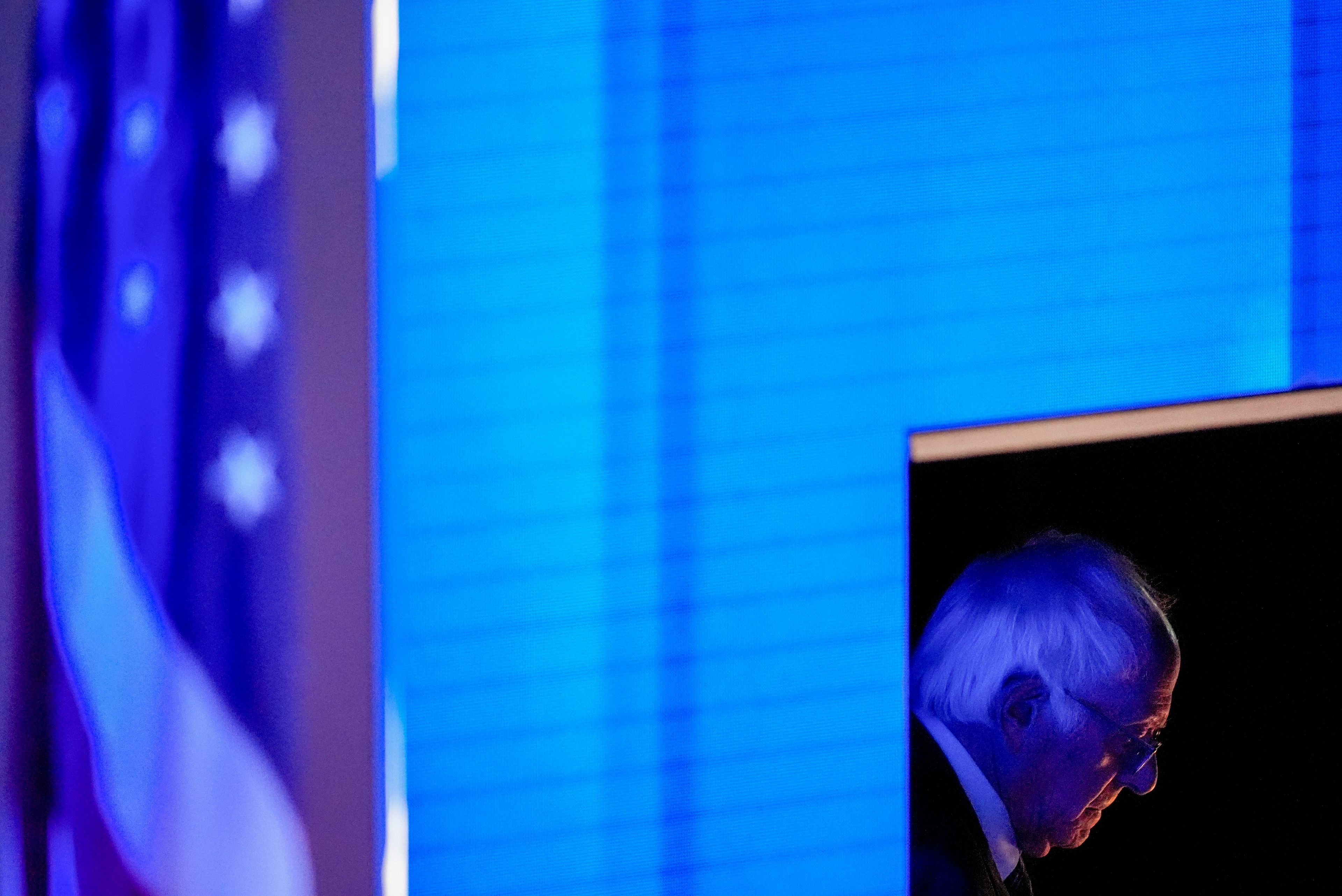 Sen. Bernie Sanders, I-VT., waits to speak during the Democratic National Convention Tuesday, Aug. 20, 2024, in Chicago. (AP Photo/Matt Rourke)