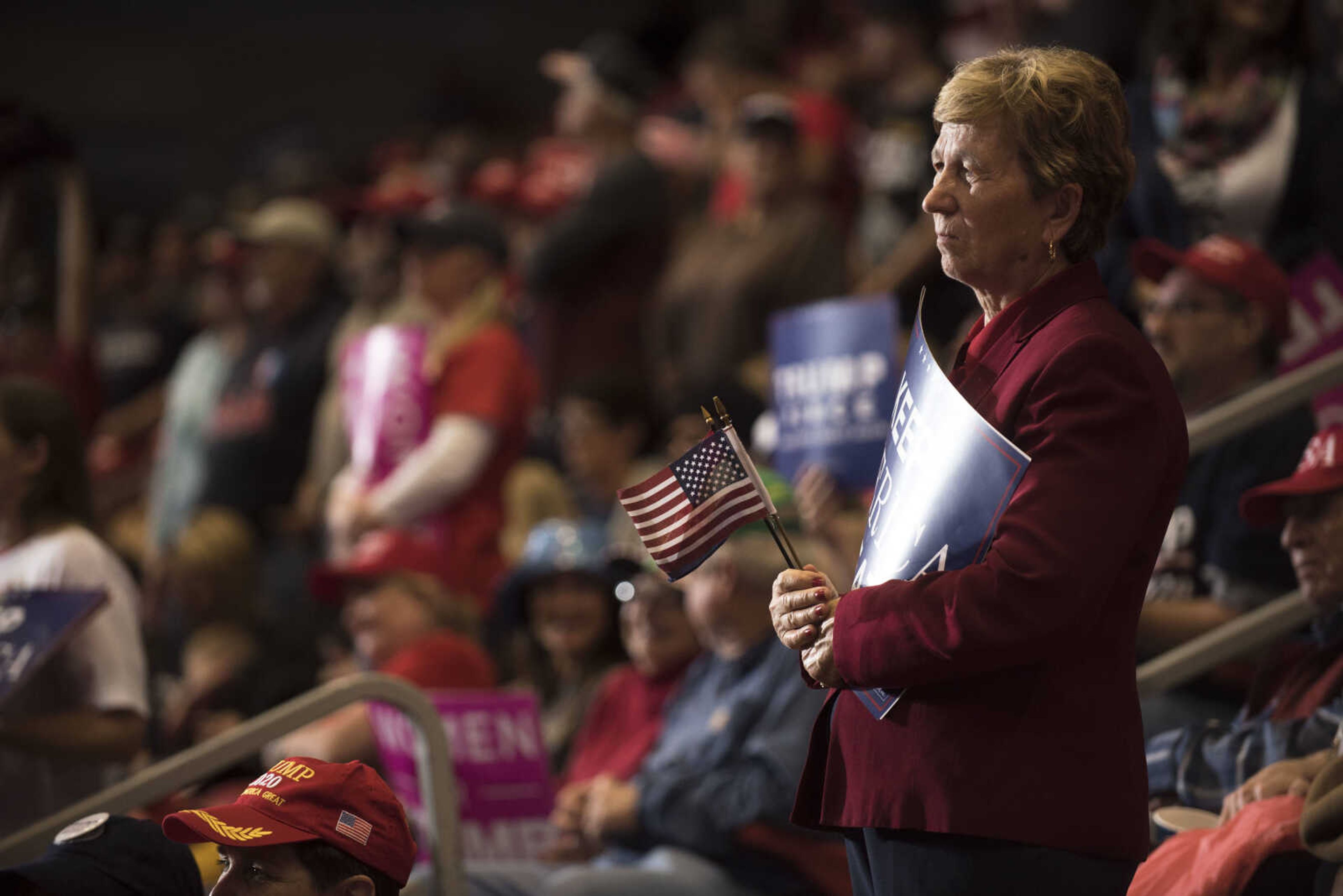 A rally attendee listens to President Donald Trump's speech at a Make America Great Again rally Monday, Nov. 5, 2018, at the Show Me Center in Cape Girardeau.