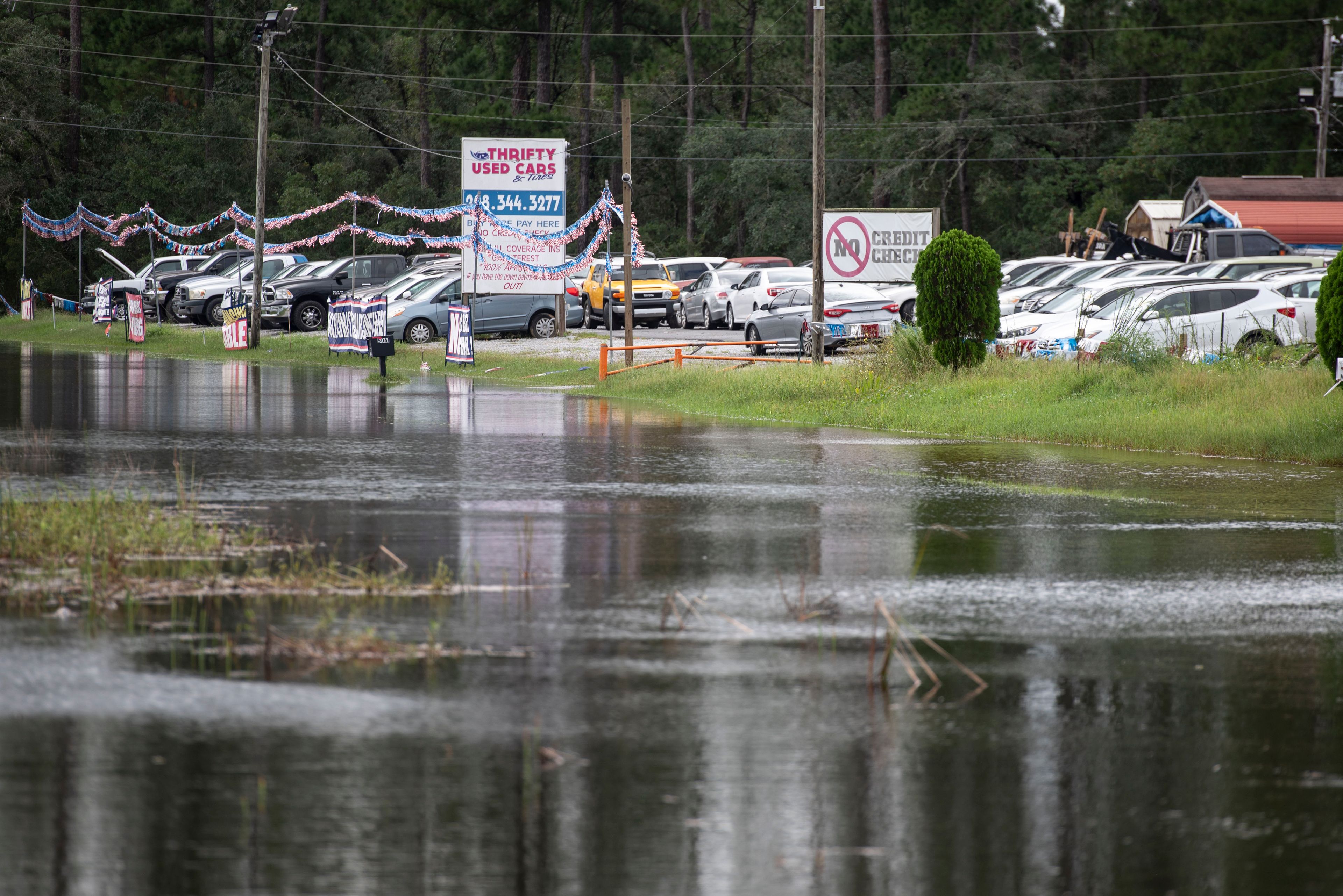 Flooding along Whitney Street in the Shoreline Park neighborhood in Hancock County, Miss., after Hurricane Francine on Thursday, Sept. 12, 2024. (Hannah Ruhoff/The Sun Herald via AP)