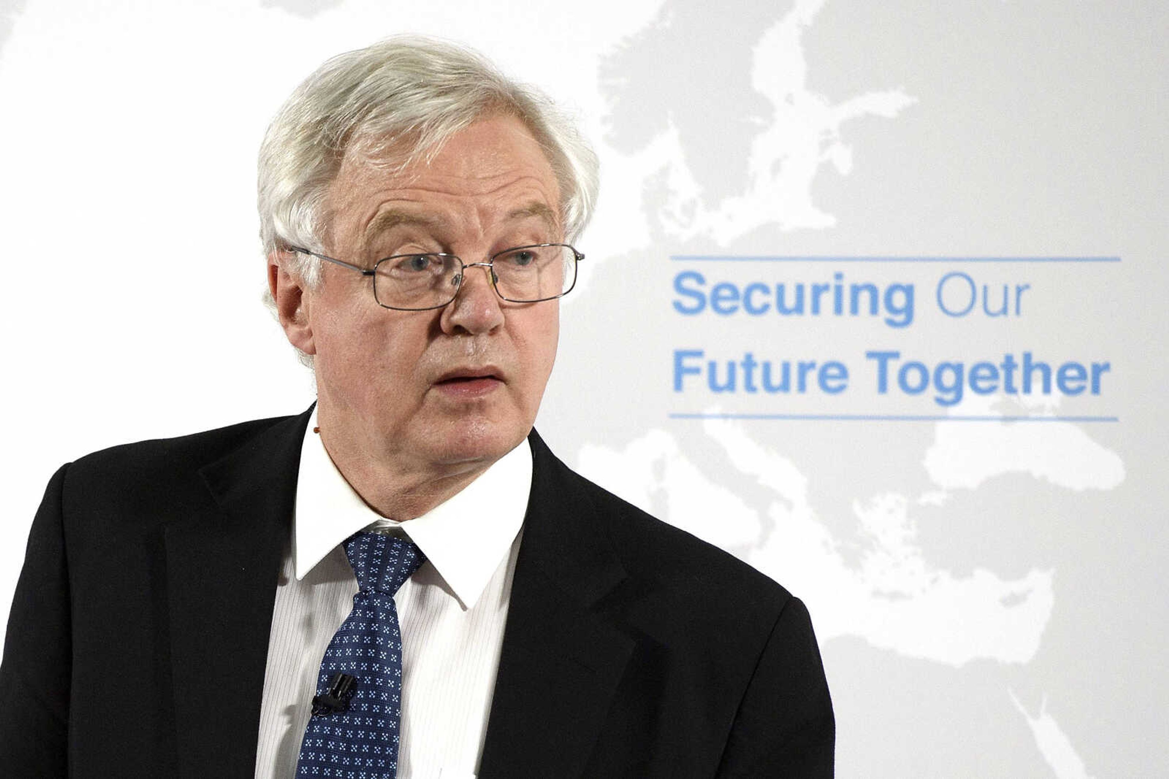 Britain's Secretary of State for Exiting the European Union David Davis delivers a speech June 6 in London on Britain's vision for the future security relationship with the EU.