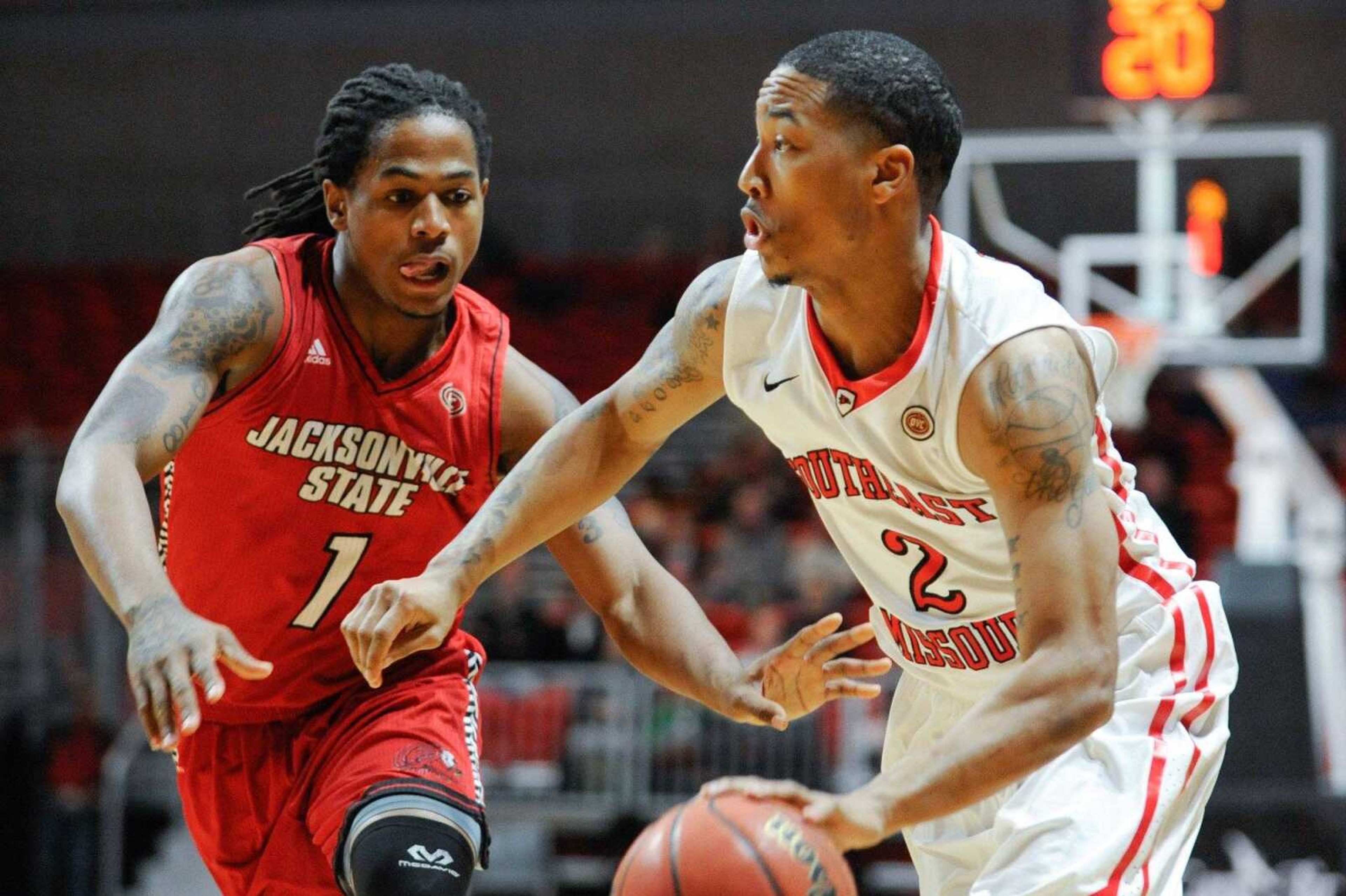 Southeast Missouri State's Isiah Jones works against Jacksonville State's Greg Tucker in the first half of a game earlier this month at the Show Me Center.