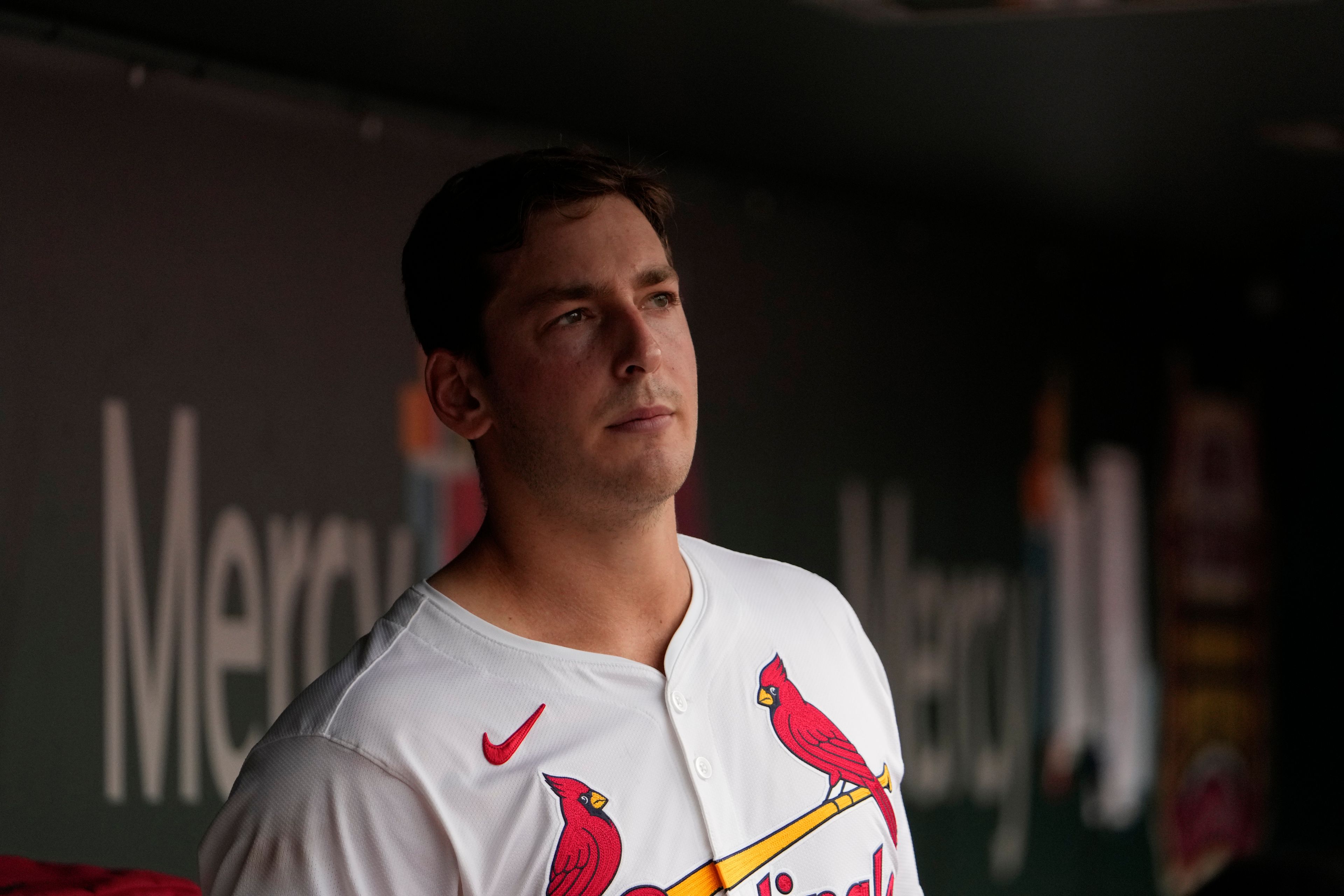 St. Louis Cardinals starting pitcher Andre Pallante stands in the dugout after working the fifth inning of a baseball game against the Cleveland Guardians Sunday, Sept. 22, 2024, in St. Louis. (AP Photo/Jeff Roberson)