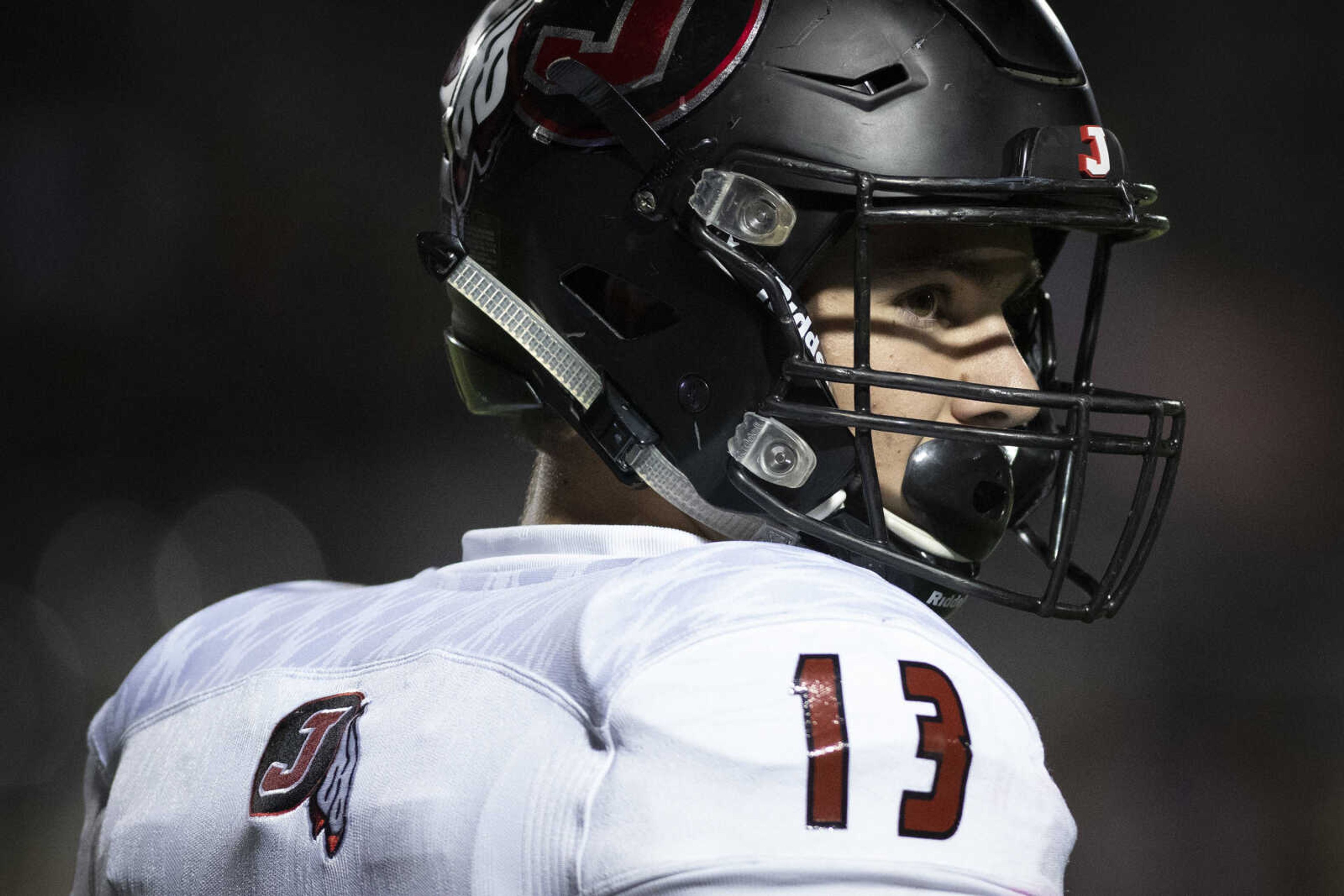 Jackson's Rhet Liley (13) is seen on the field during the Jackson Indians' 35-14 victory over Farmington on Friday, Oct. 4, 2019, in Farmington, Missouri.