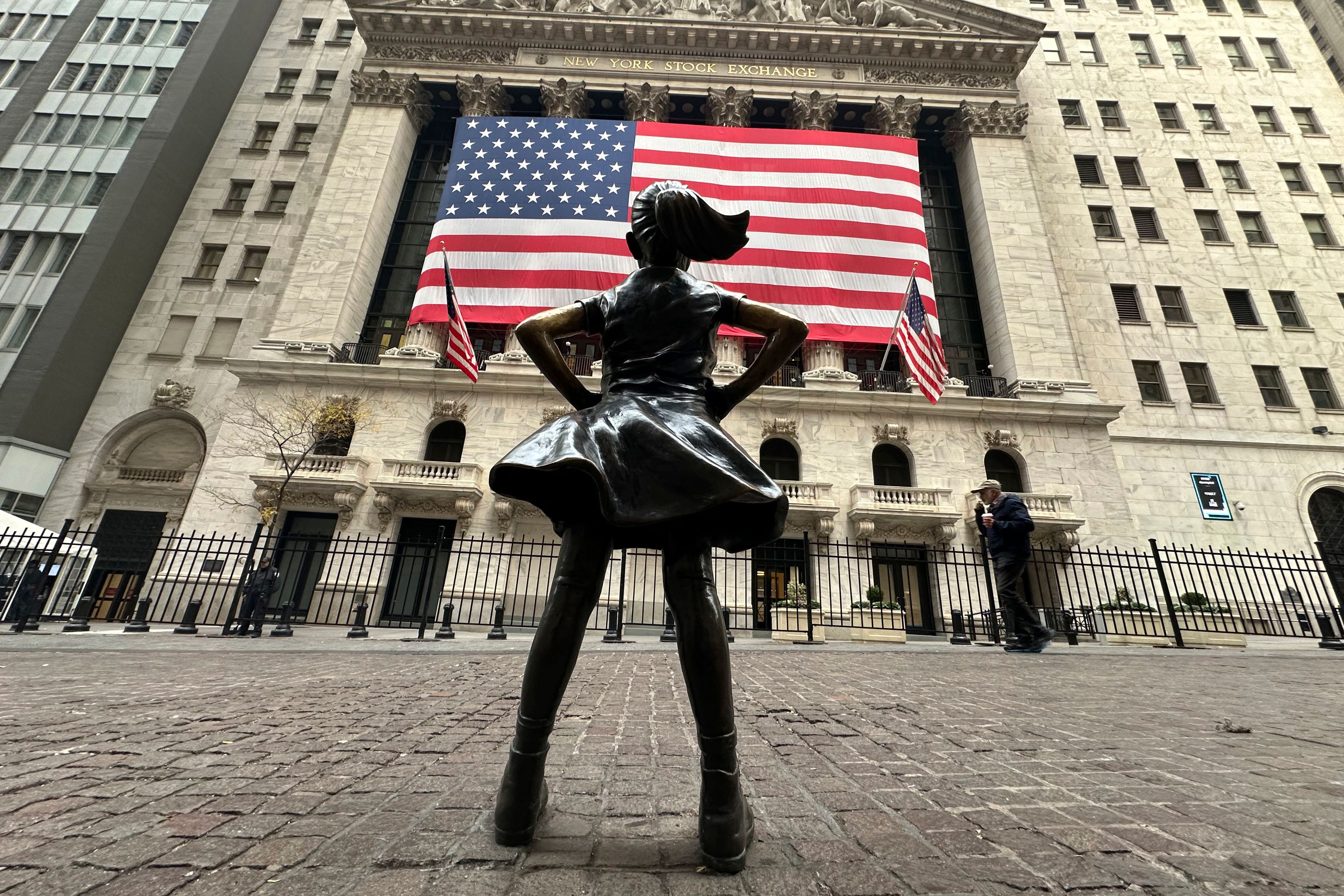 The Fearless Girl statue stands in front of the New York Stock Exchange in New York's Financial District on Tuesday, Nov. 5, 2024. (AP Photo/Peter Morgan)