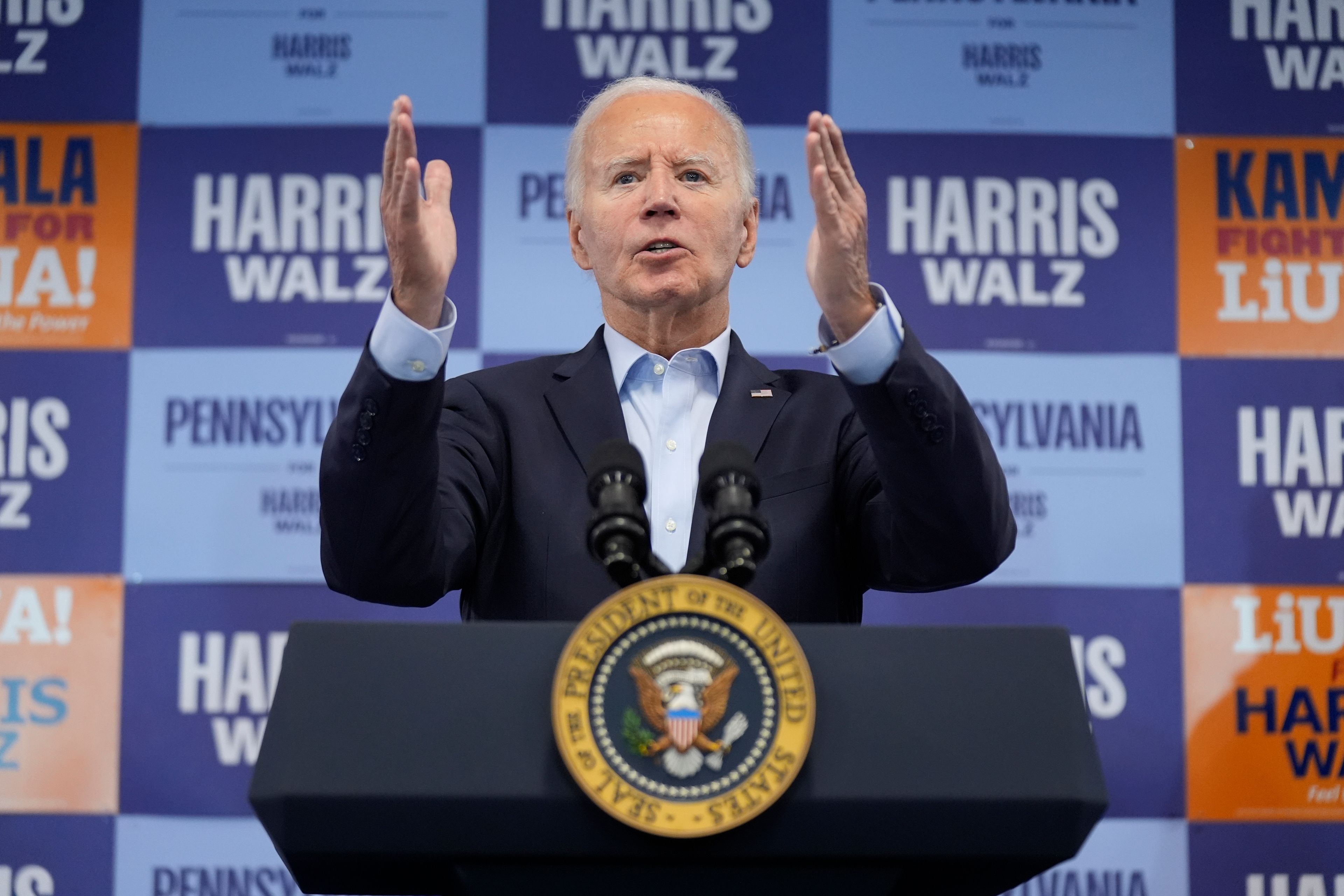 President Joe Biden speaks at an election campaign event in Pittsburgh, Saturday, Oct. 26, 2024. (AP Photo/Manuel Balce Ceneta)