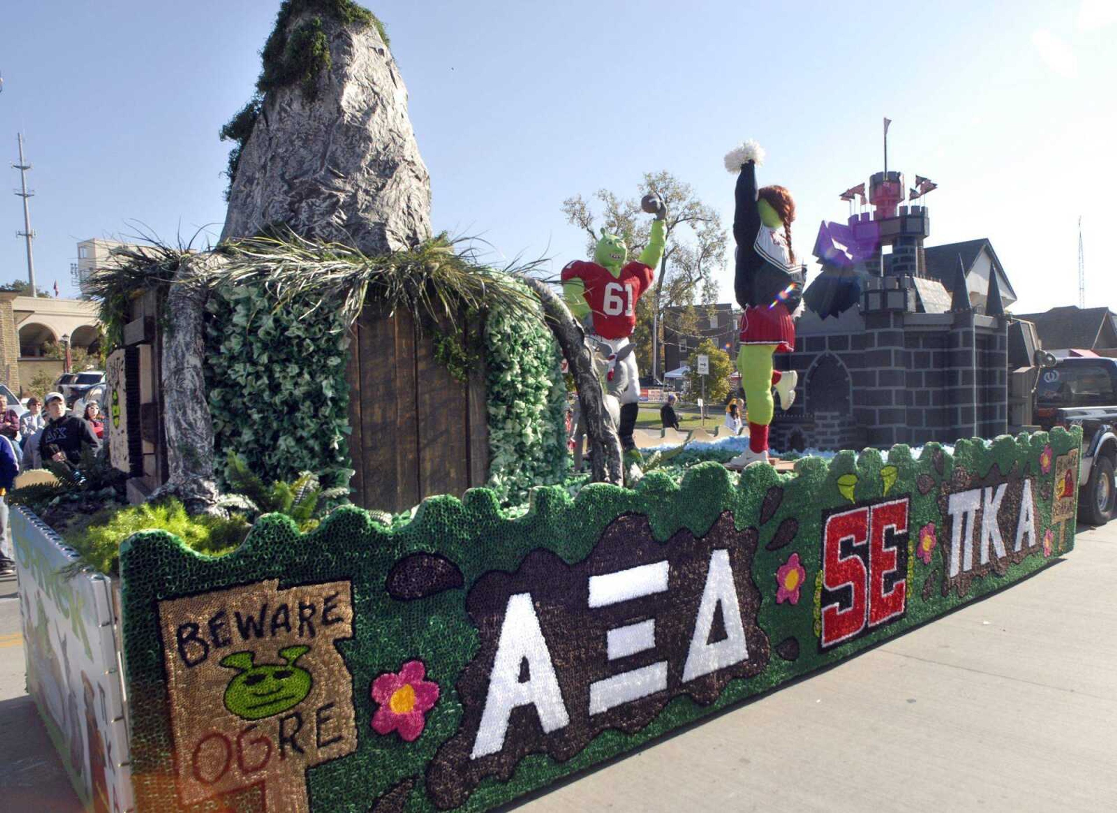 "Shrek" won first place for large floats in the homecoming parade Saturday. It was entered by Alpha Xi Delta and Pi Kappa Alpha.