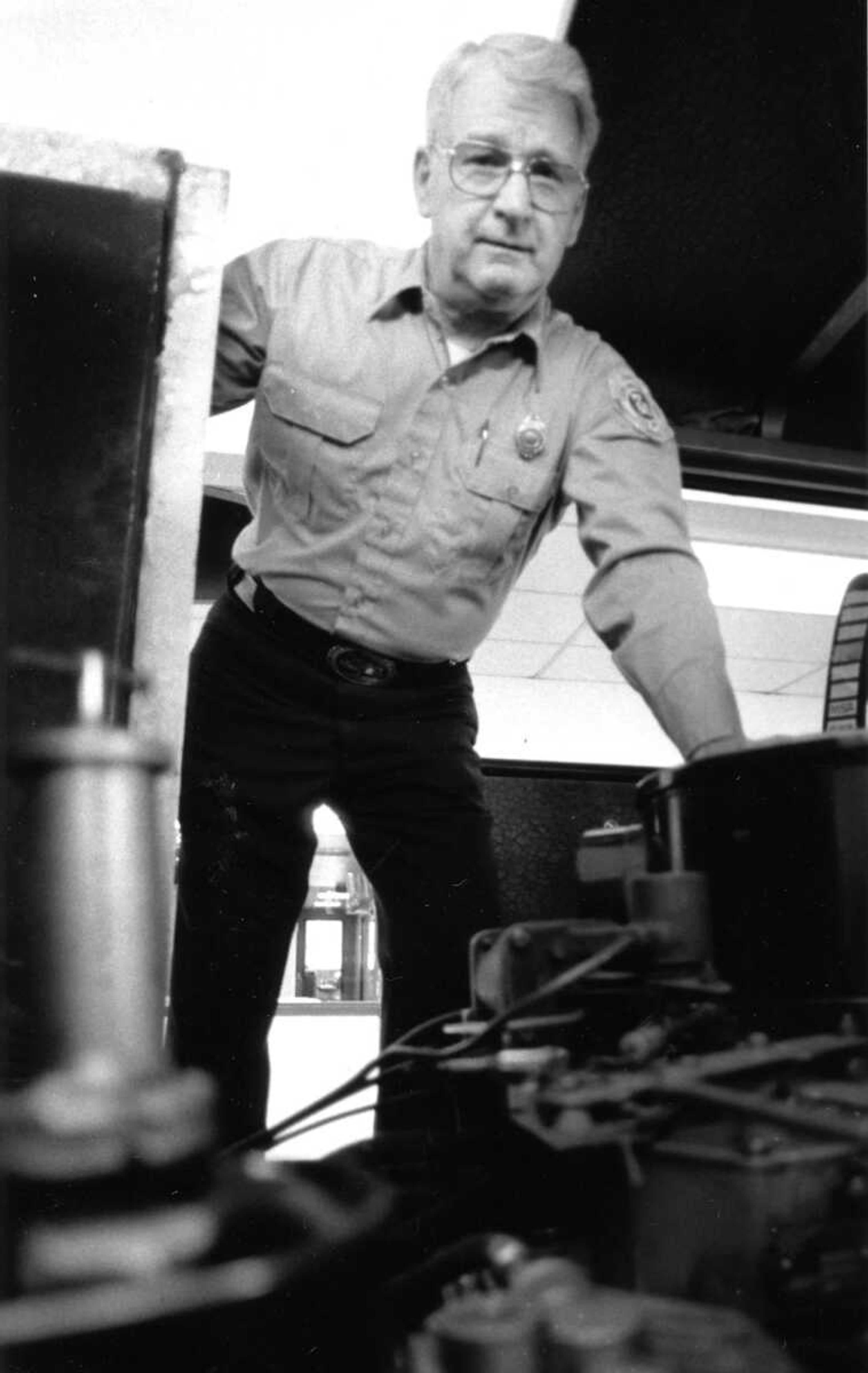 Published April 1, 1991.
Carrol Schaefer of the Cape Girardeau Fire Department checked over the diesel engine in one of the department’s trucks at Fire Station No. 1. Schaefer retired after 33 years with the department, 27 years as its mechanic. (Mark Sterkel ~ Southeast Missouri archive)