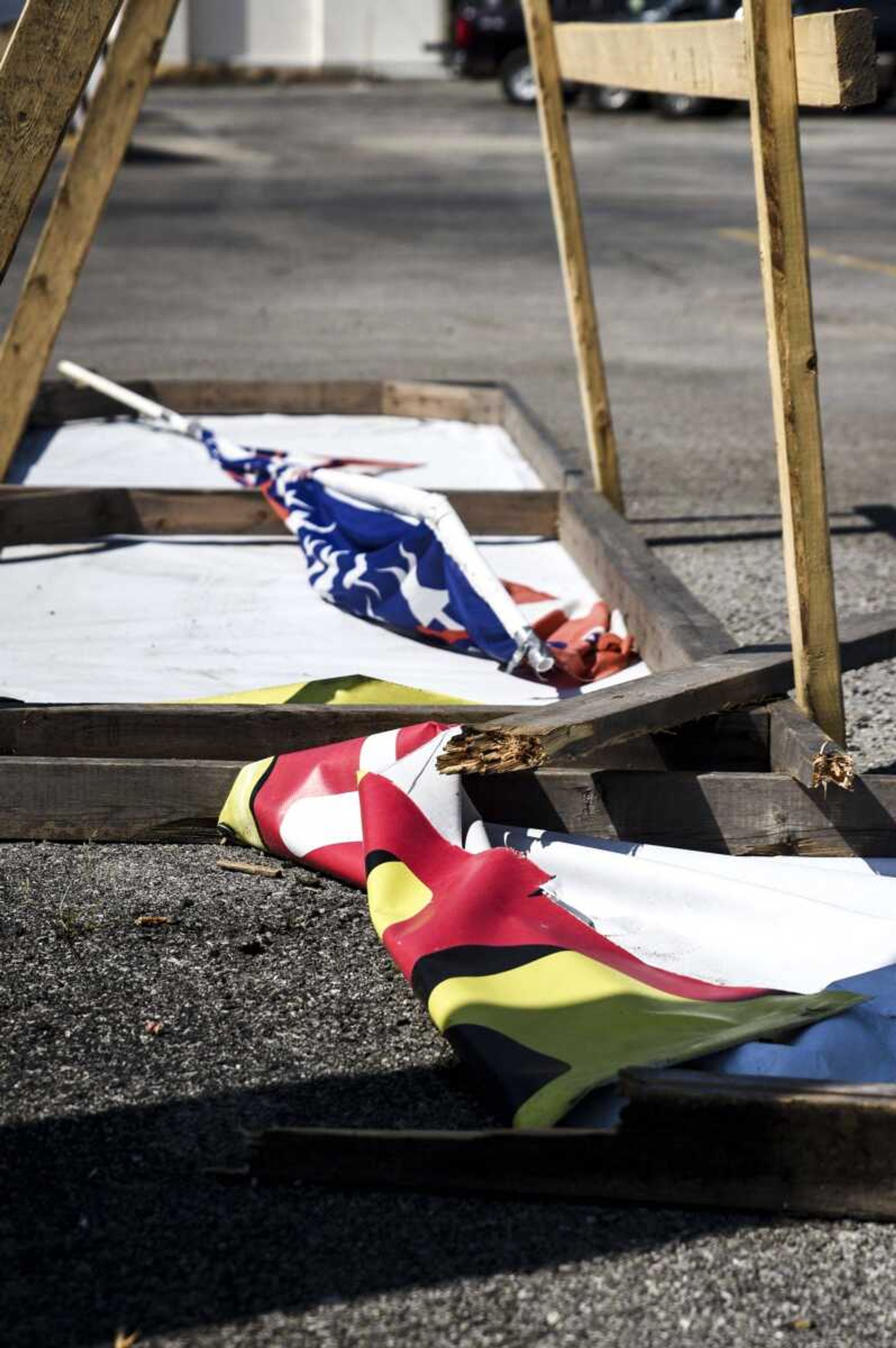 A mangled sign lies outside Hoffman Family Fireworks on Friday in Cape Girardeau.