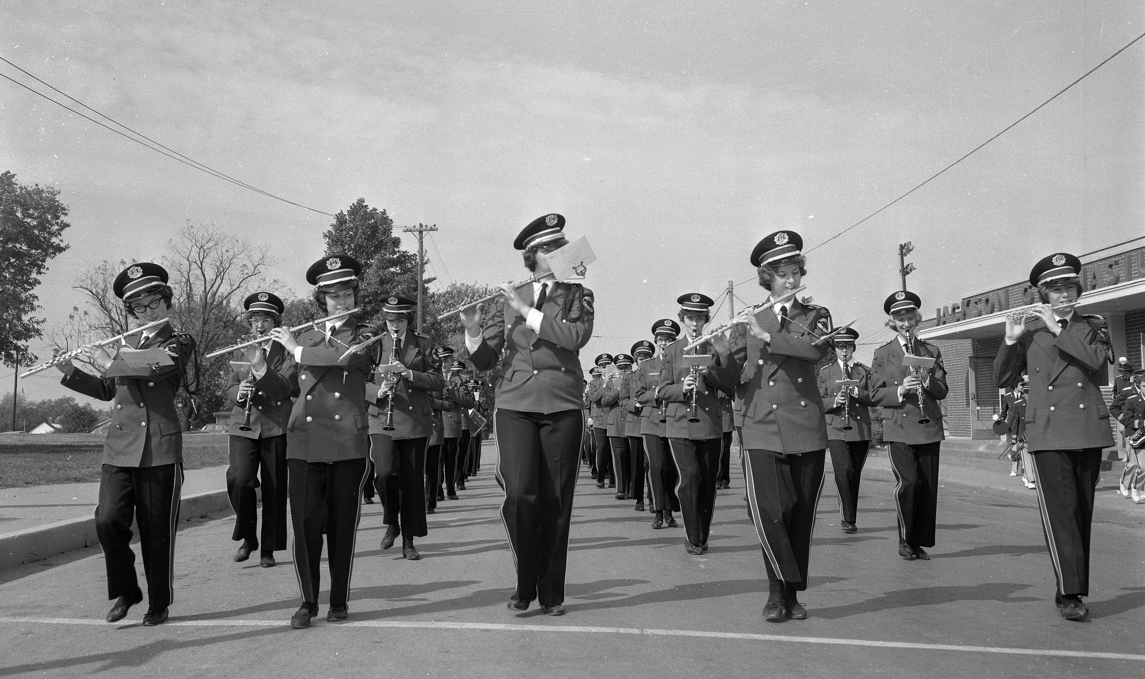 An unidentified high school band performs at the Southeast Missouri Marching Band Festival in Jackson, circa 1950s.