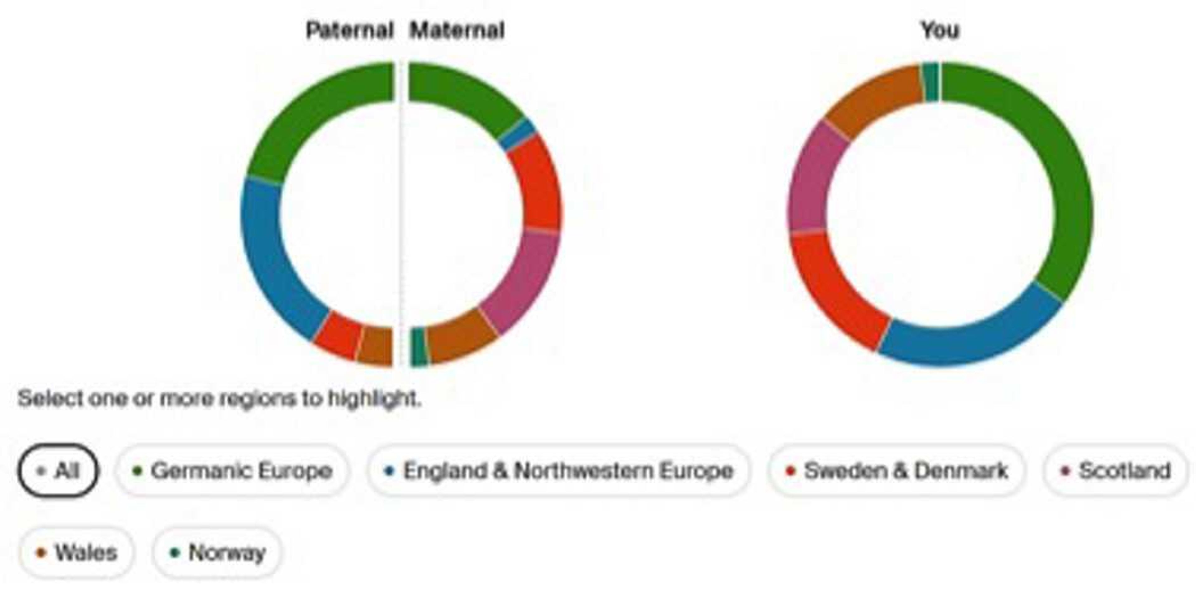 Ethnicity estimates for parents are an option for those testing at Ancestry. This image illustrates the estimates for the tester's parents and the tester.