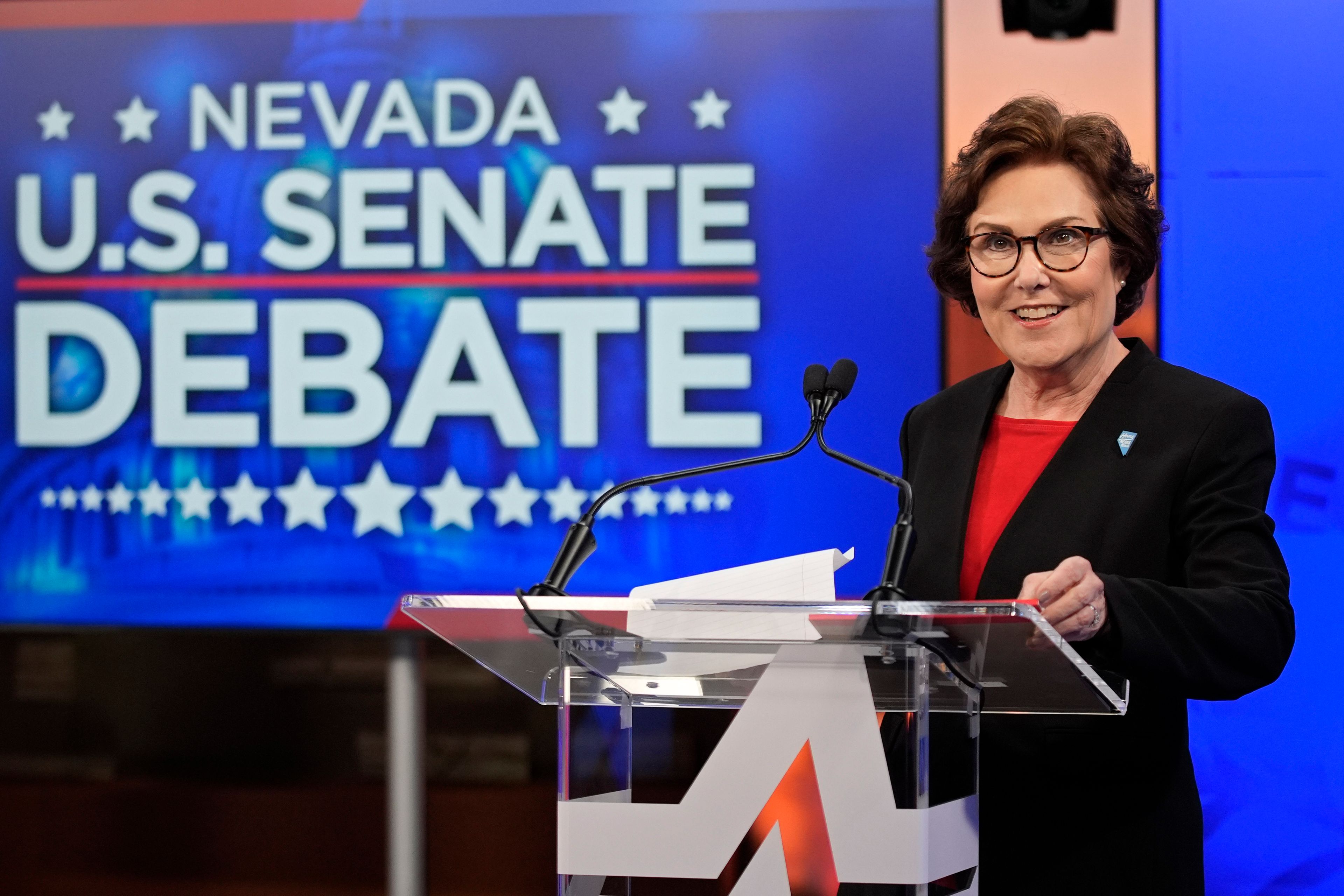 FILE - Sen. Jacky Rosen, D-Nev., is seen before a debate with Republican senatorial candidate Sam Brown, Oct. 17, 2024, in Las Vegas. (AP Photo/John Locher, File)