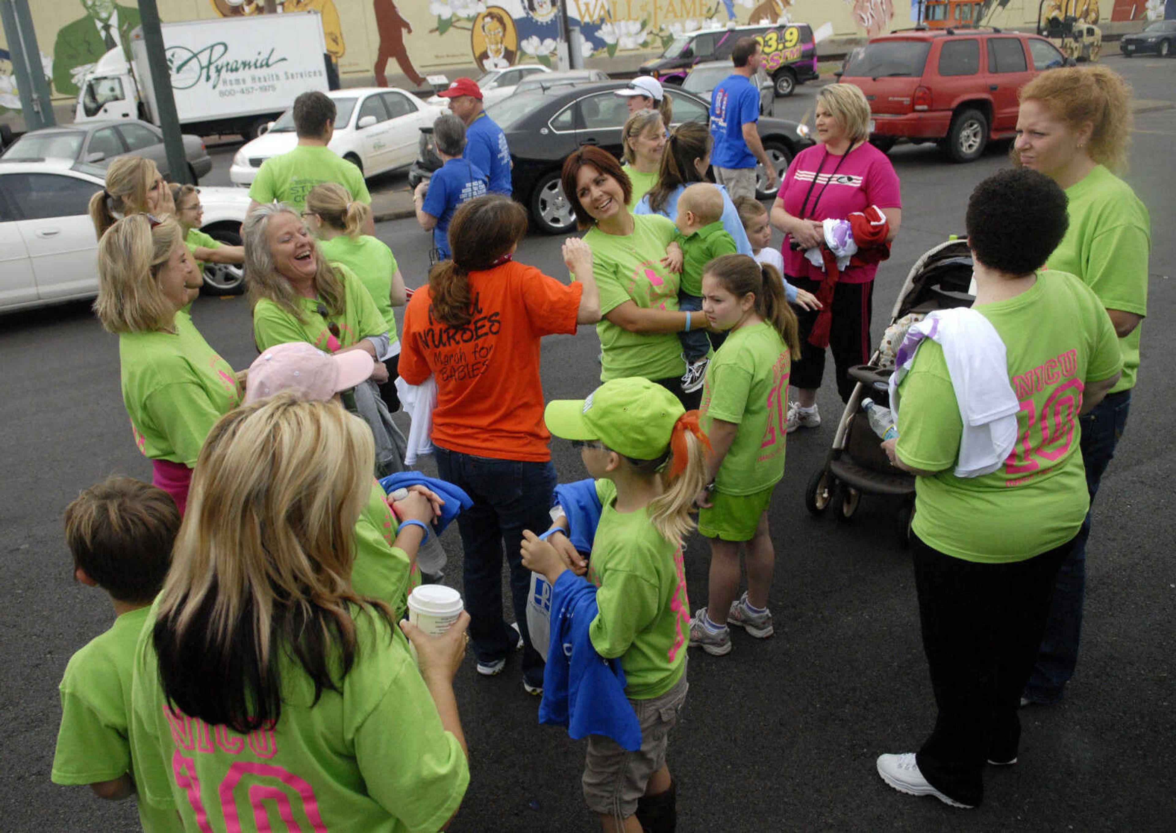 KRISTIN EBERTS ~ keberts@semissourian.com

A team from Saint Francis Medical Center prepares for the March of Dimes March for Babies in Cape Girardeau, Mo., on Saturday, May 1, 2010.