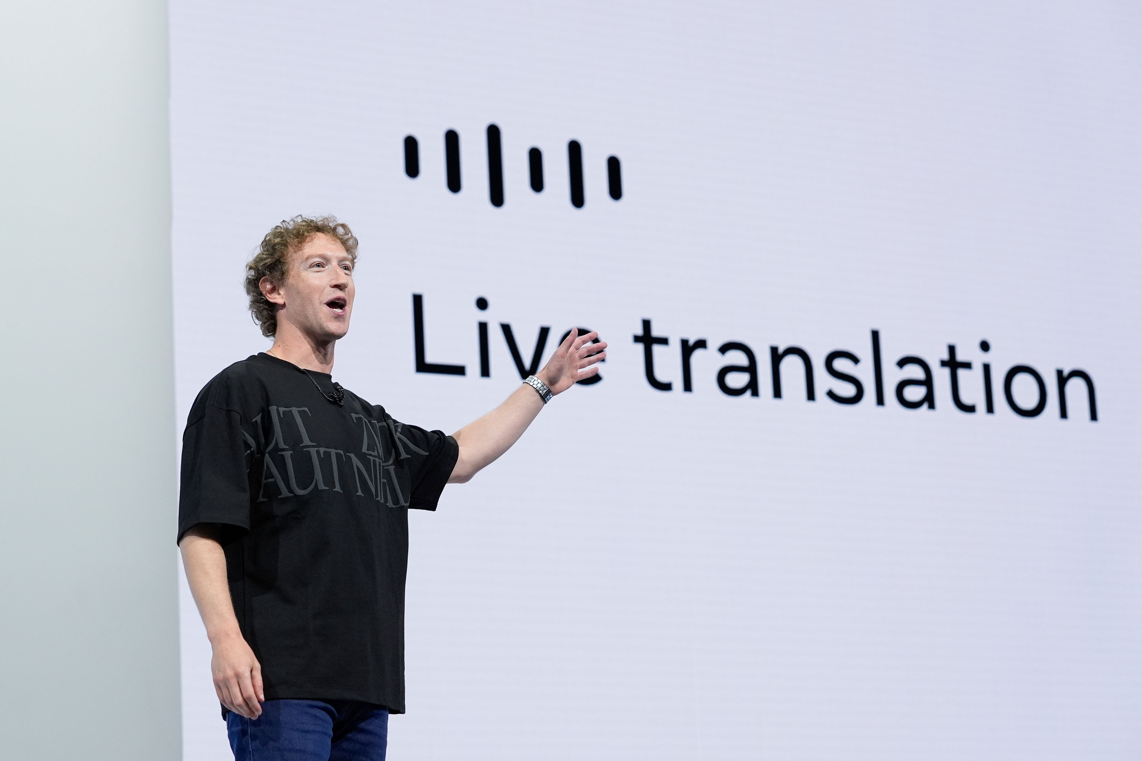 Mark Zuckerberg speaks about the live translation feature on the Ray-Ban Meta smart glasses during the Meta Connect conference Wednesday, Sept. 25, 2024, in Menlo Park, Calif. (AP Photo/Godofredo A. Vásquez)