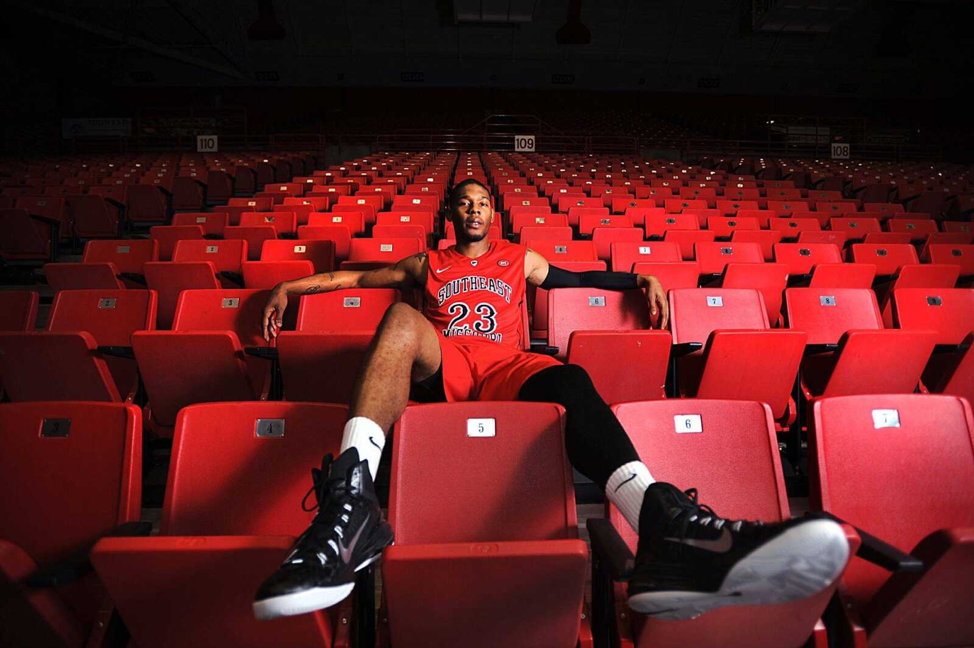 Southeast Missouri State University s Jarekious Bradley poses for a photo before the Redhawks basketball practice, Monday, Nov. 10, 2014, at the Show Me Center. (Laura Simon)