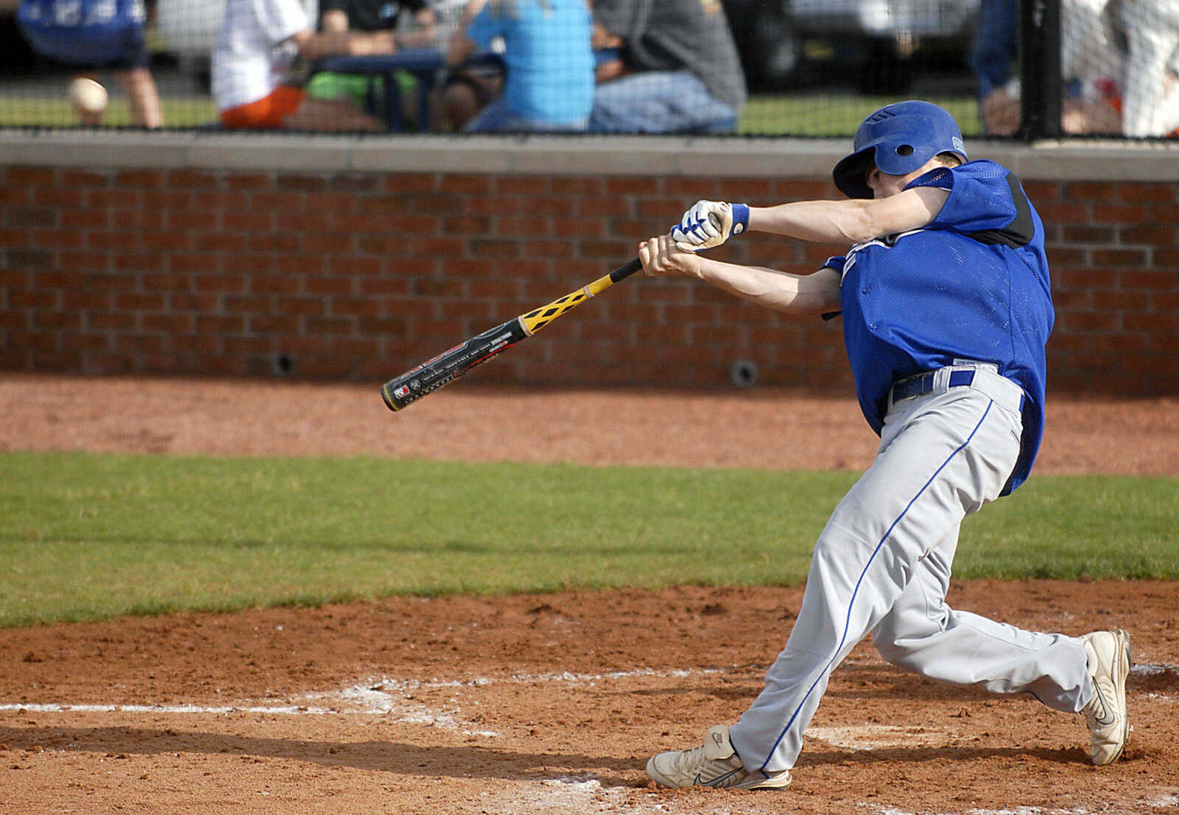 A Notre Dame batter connects Tuesday, April 28, 2009, against Sikeston in Cape Girardeau.