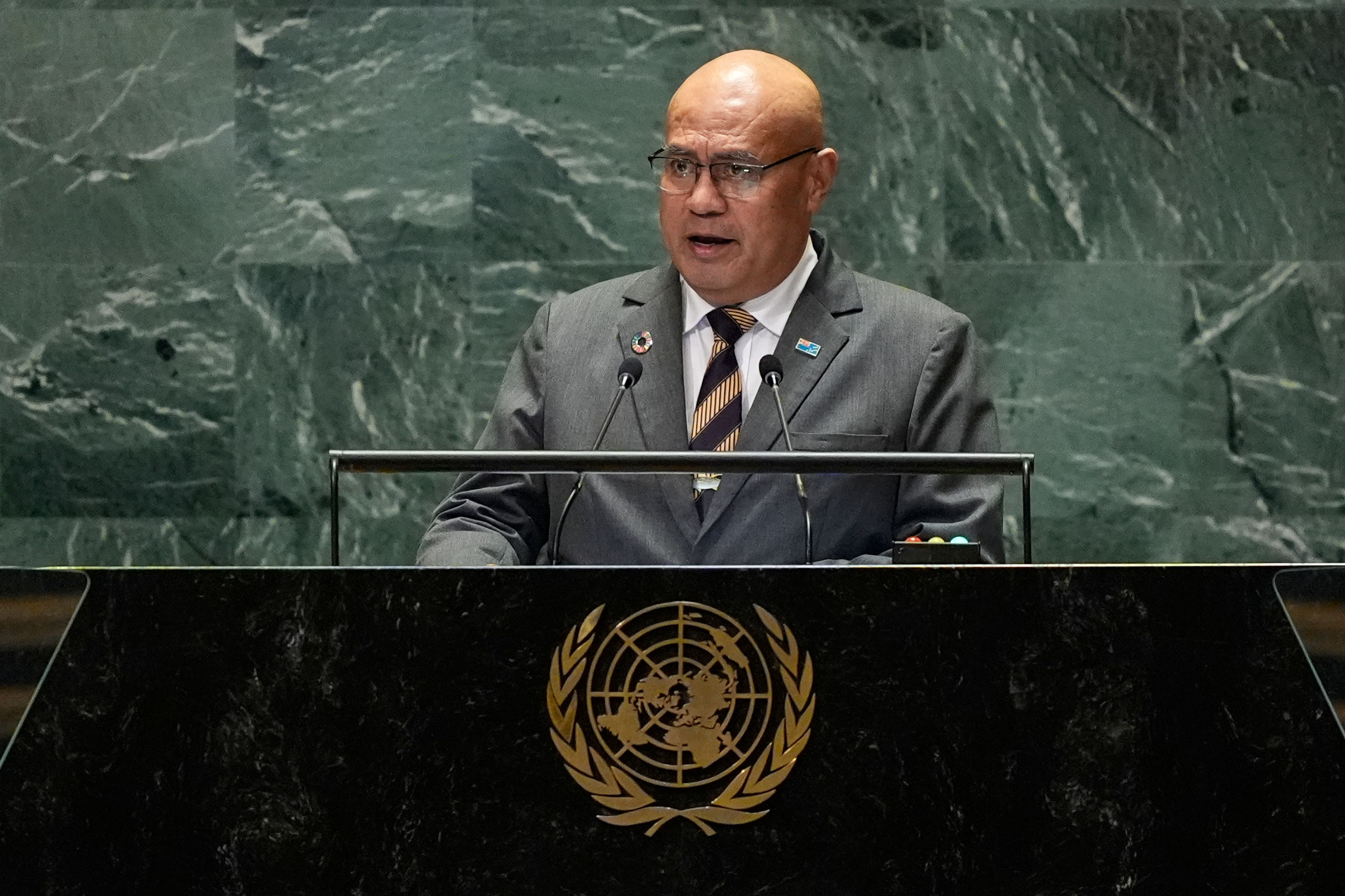 Tuvalu's Prime Minister Feleti Teo addresses the 79th session of the United Nations General Assembly, Friday, Sept. 27, 2024. (AP Photo/Pamela Smith)