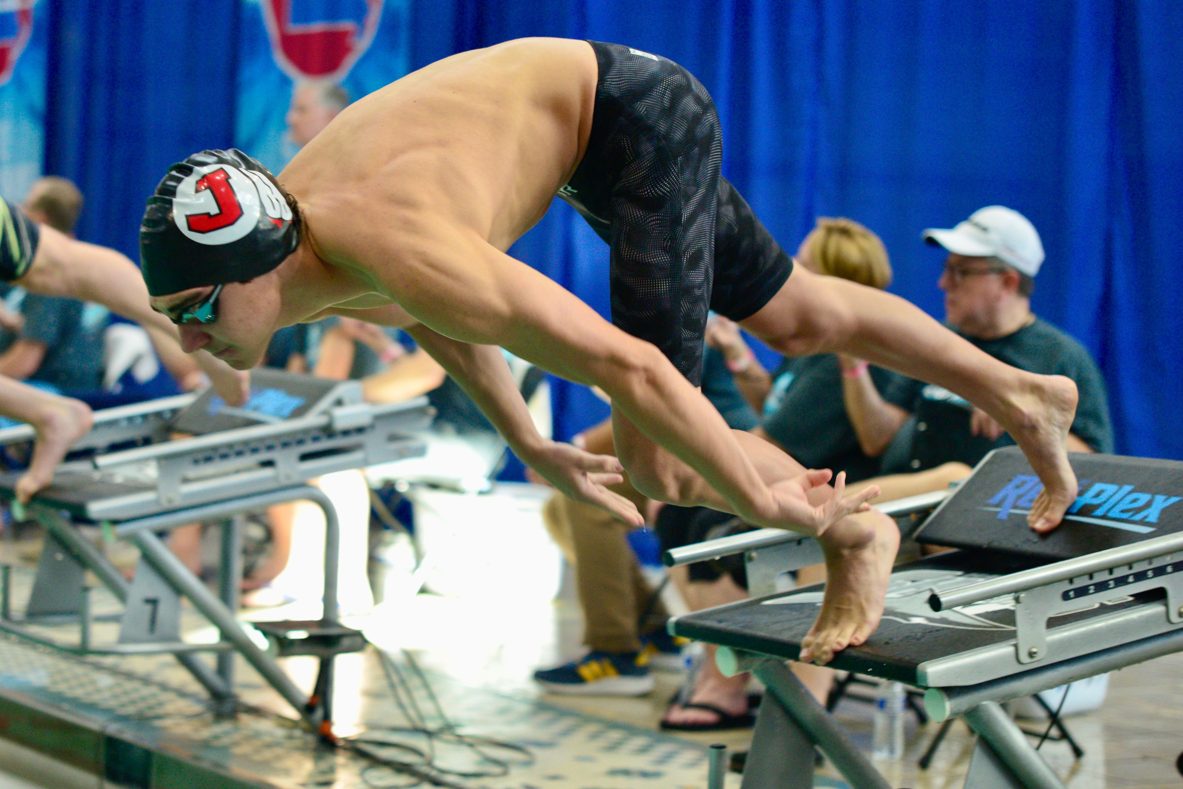 Jackson’s Wade LaValle dives to start the 500-yard freestyle race in the Class 2 MSHAA championships on Friday, Nov. 15, in St. Peters.