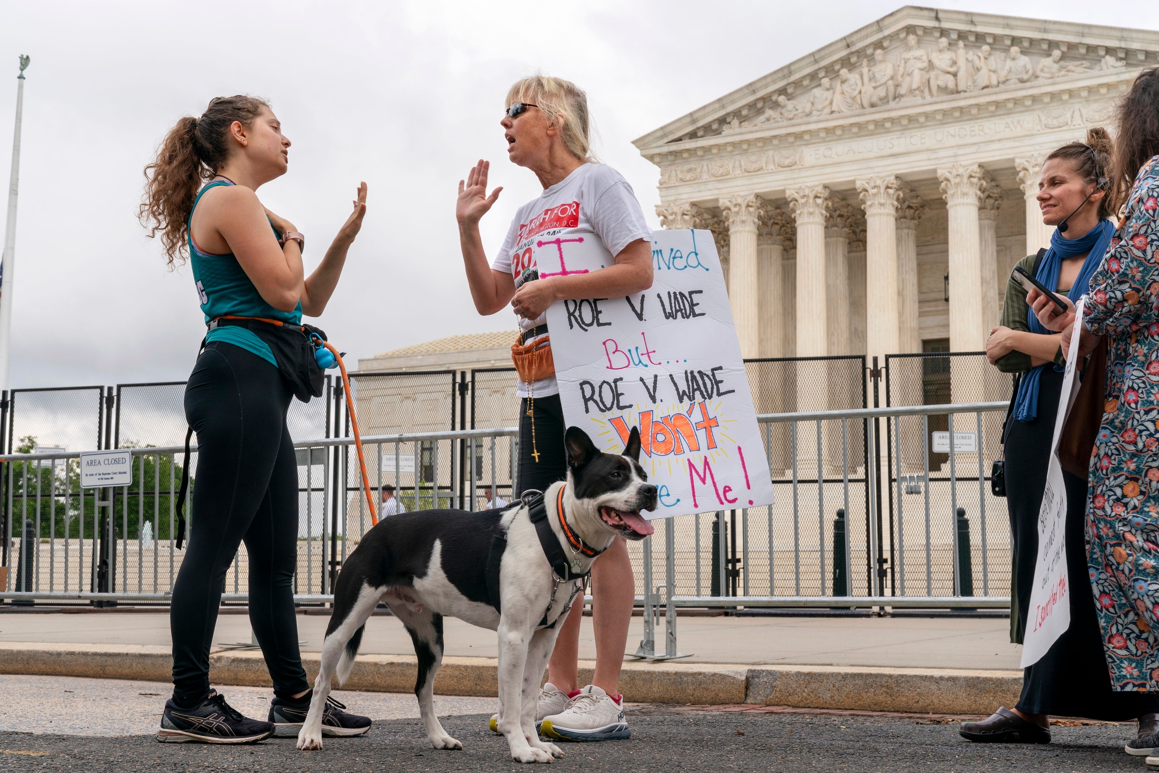 FILE - Lilo Blank, 23, of Philadelphia, left, who supports abortion rights, and Lisa Verdonik, of Arlington, Va., who is anti-abortion, talk about their opposing views on abortion rights, Friday, May 13, 2022, outside the Supreme Court in Washington, ahead of expected abortion rights rallies across the country on Saturday. (AP Photo/Jacquelyn Martin, File)