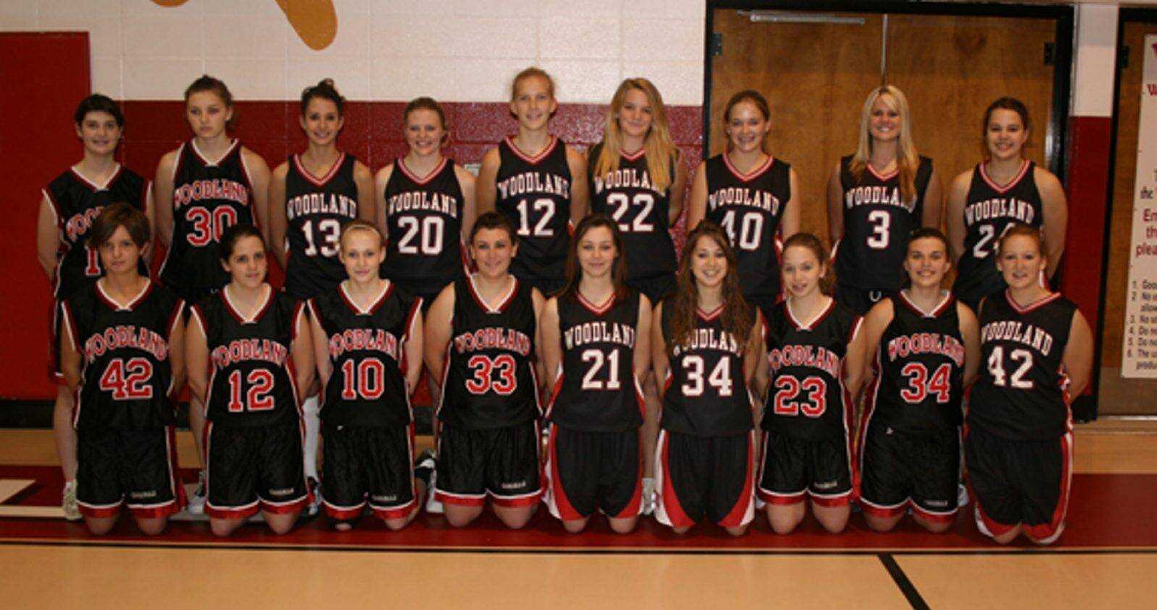 Members of the Woodland girls basketball team, from left: Front &#8212; Tess Rainey, Kaylena Clifton, Juliet Dickey, Amber Sitze, Lacey Moore, Kayla Acup, Ashley Acup, Amy McFarland and Becky Brannon; Back &#8212; Erin Baker, Bethany Glastetter, Kaitlin McCormick, Elaine Jetton, Taylor Steckman, Sarah Lincoln, Mackenzie Lincoln, Kelcy Sayler and Lauren Johnson. Kyla Choate was not pictured. (Submitted photo)