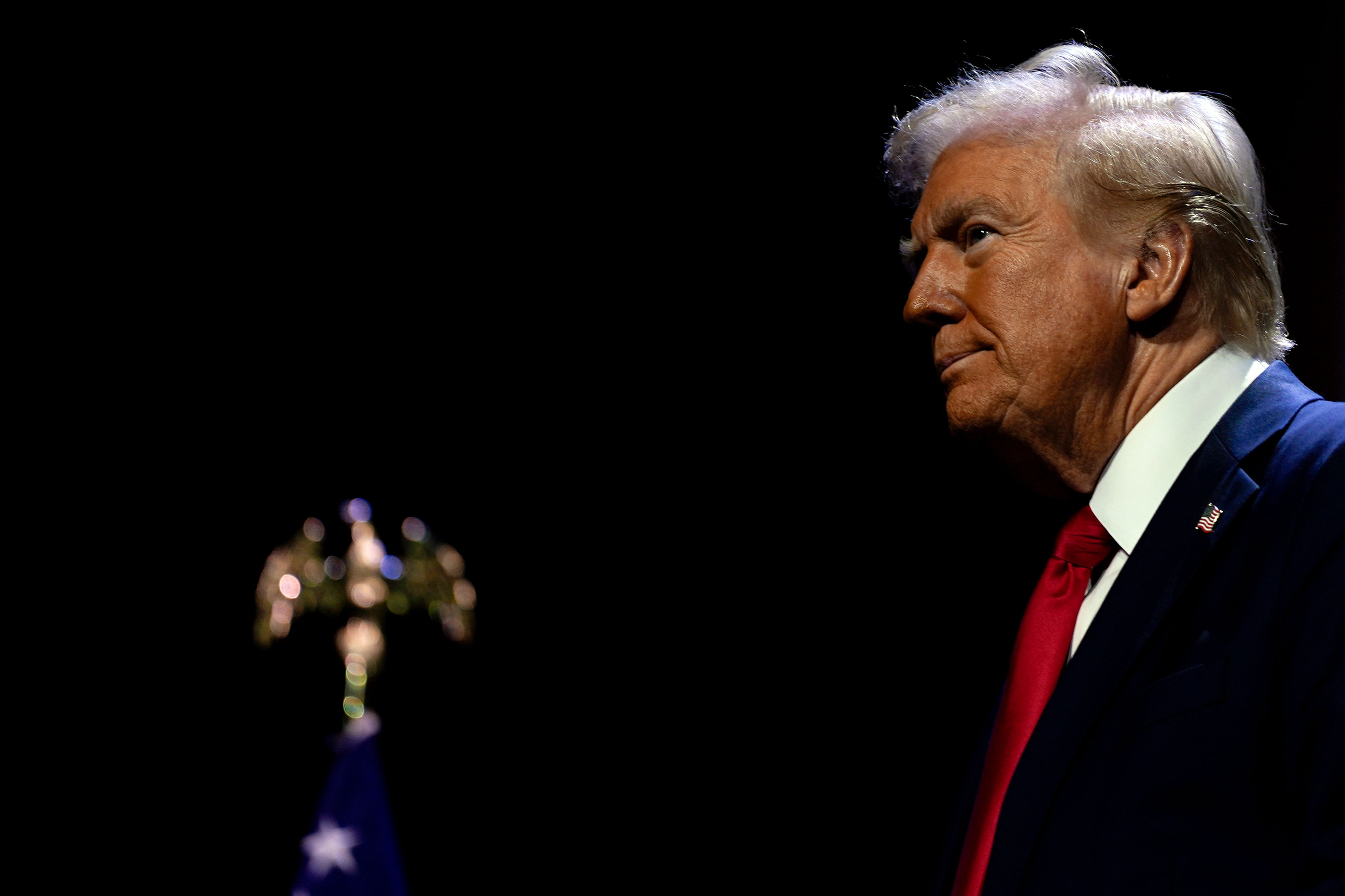 Republican presidential nominee former President Donald Trump arrives to speak at a meeting of the Detroit Economic Club, Thursday, Oct. 10, 2024, in Detroit. (AP Photo/Julia Demaree Nikhinson)