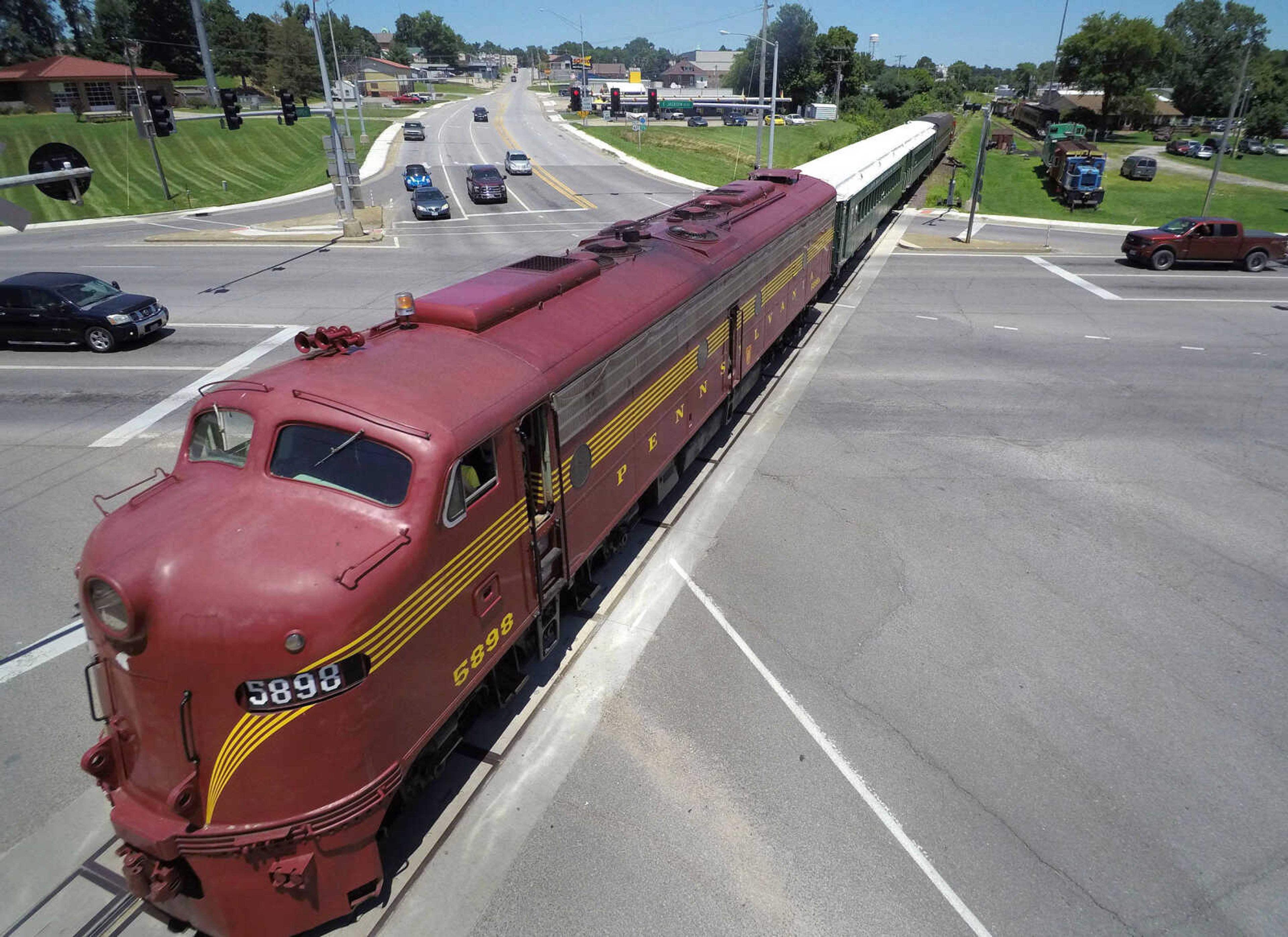 FRED LYNCH ~ flynch@semissourian.com
The St. Louis Iron Mountain & Southern Railway train leaves the station for an excursion to Gordonville in this drone view July 7, 2018 in Jackson.