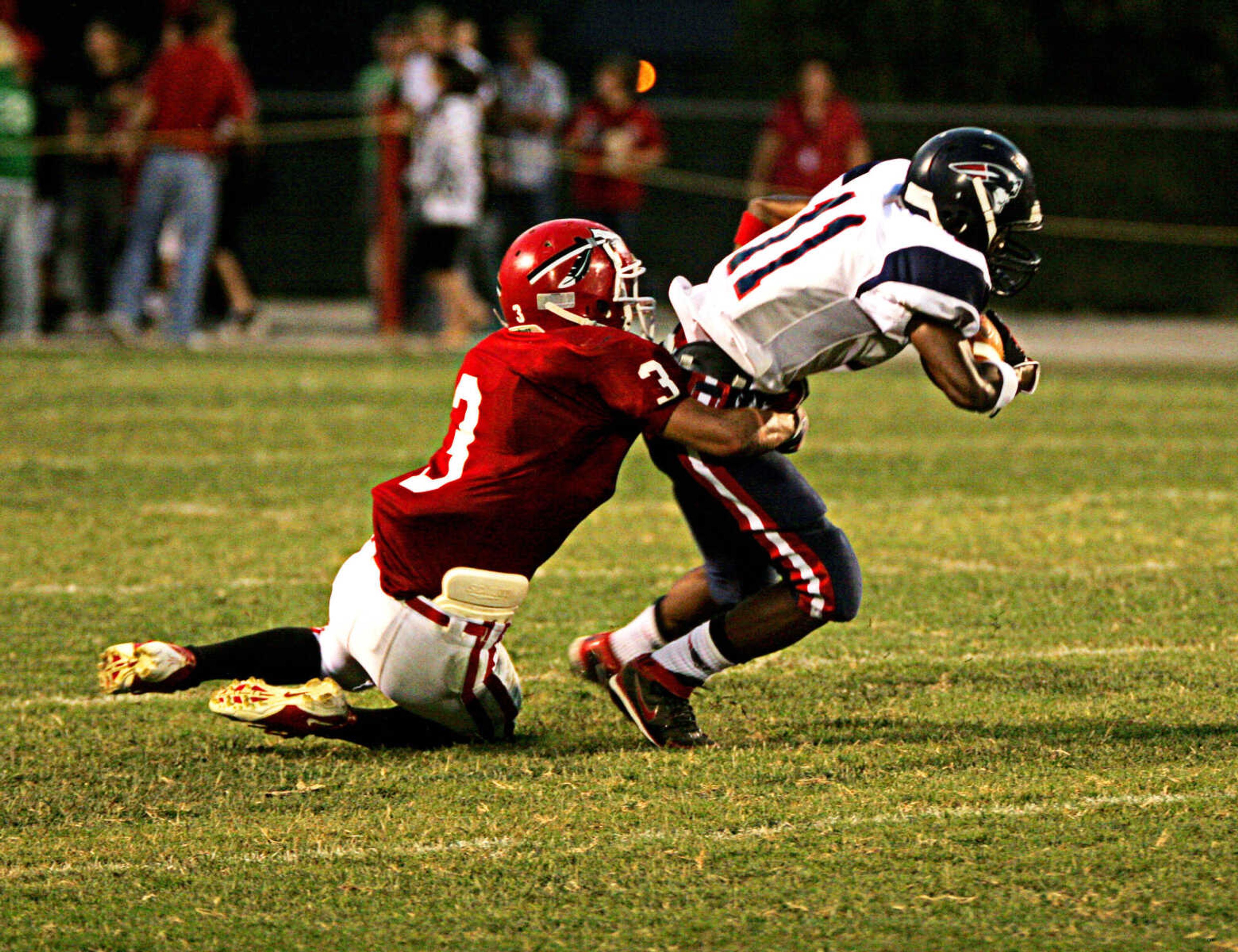 SEAN MAGEE ~ photos@semissourian.com
Jackson's Ethan Ruch tackles Parkway South's Keyon Davis just short of a first down Friday at Jackson.