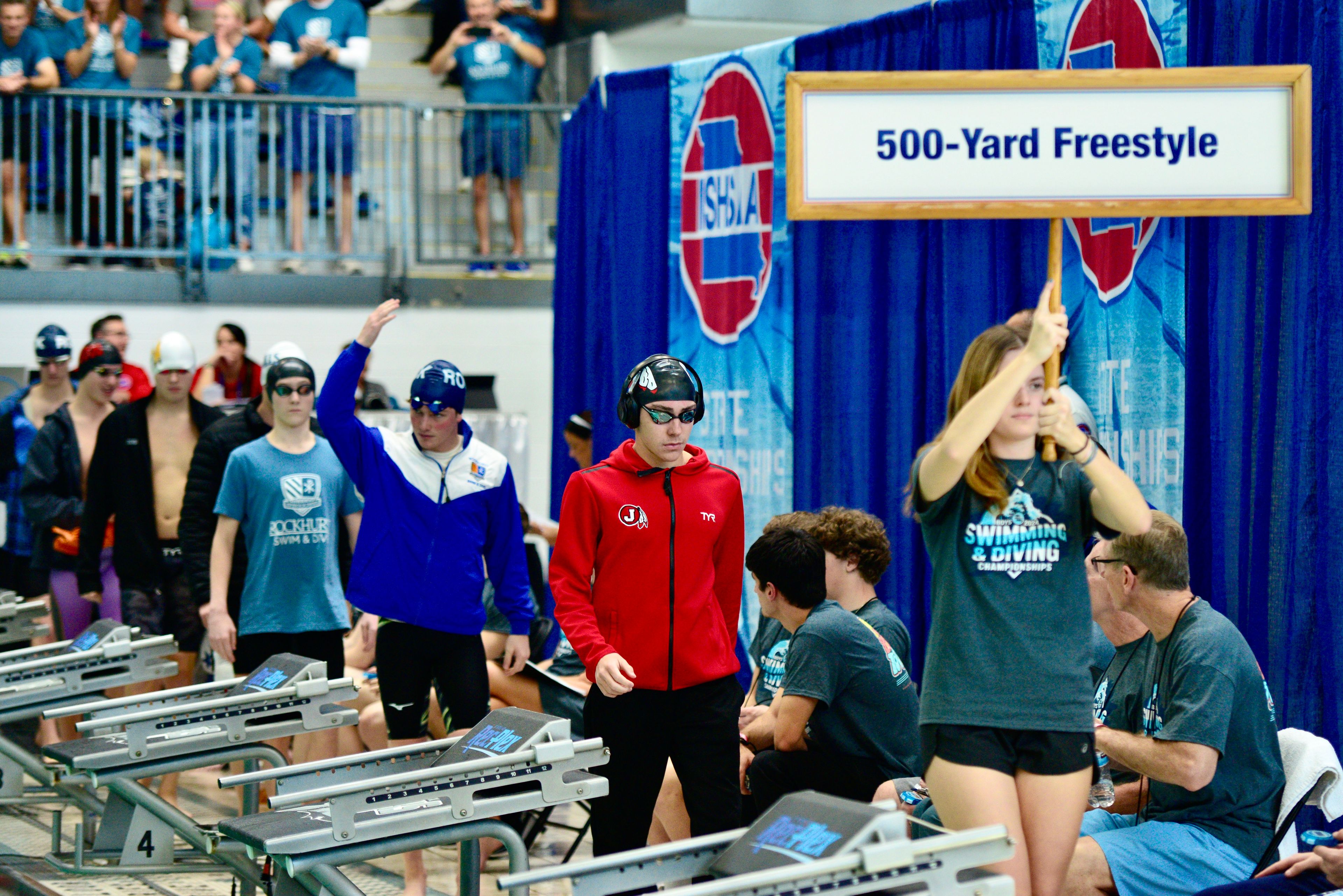 Jackson’s Wade LaValle walks to his lane before the start of the 500-yard freestyle race in the Class 2 MSHAA championships on Friday, Nov. 15, in St. Peters. 