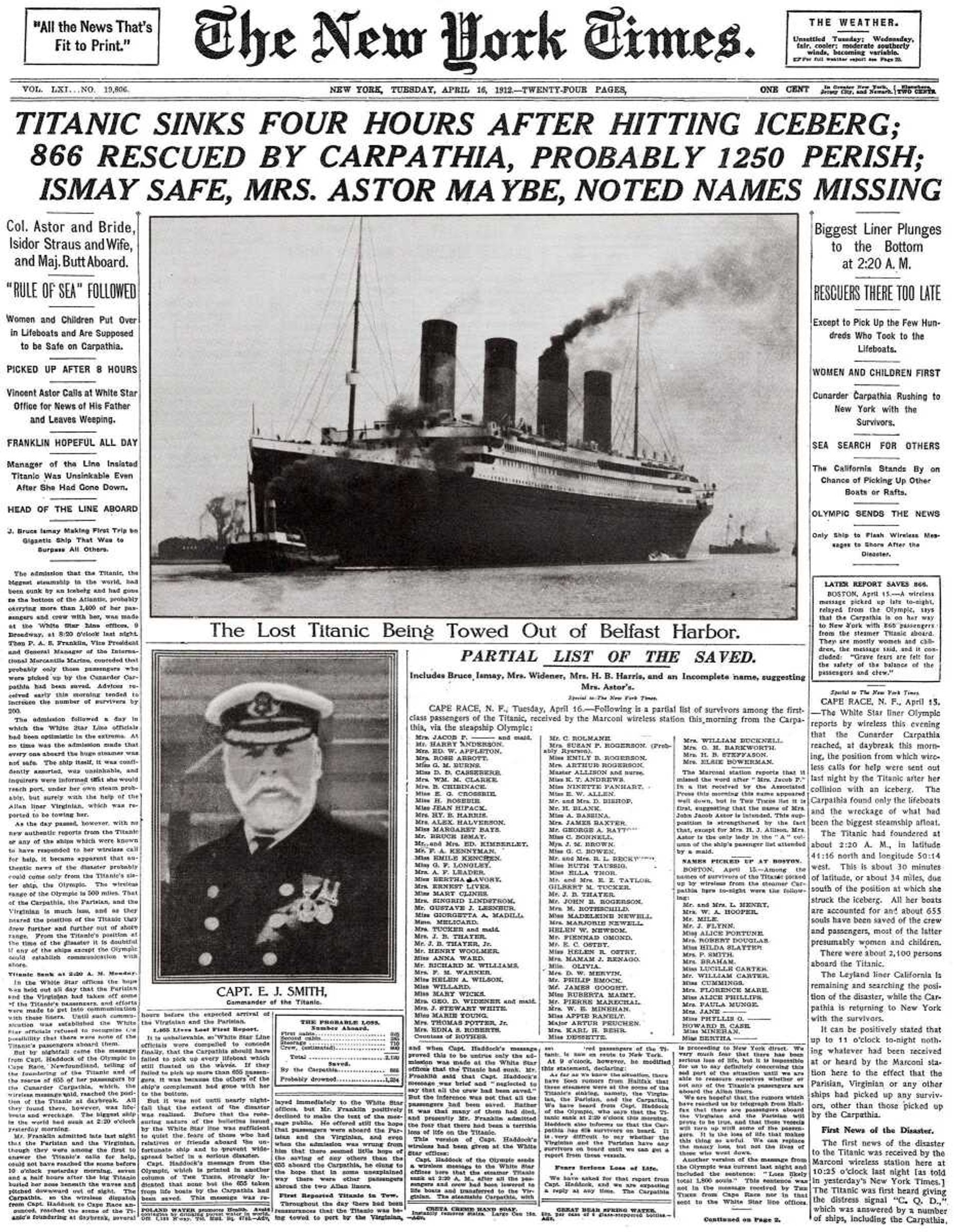 This image shows The New York Times&#8217; April 16, 1912, front page coverage of the Titanic disaster. The largest ship afloat at the time, the Titanic sank in the North Atlantic Ocean on April 15, 1912, after colliding with an iceberg during her maiden voyage from Southampton to New York City. (The New York Times)