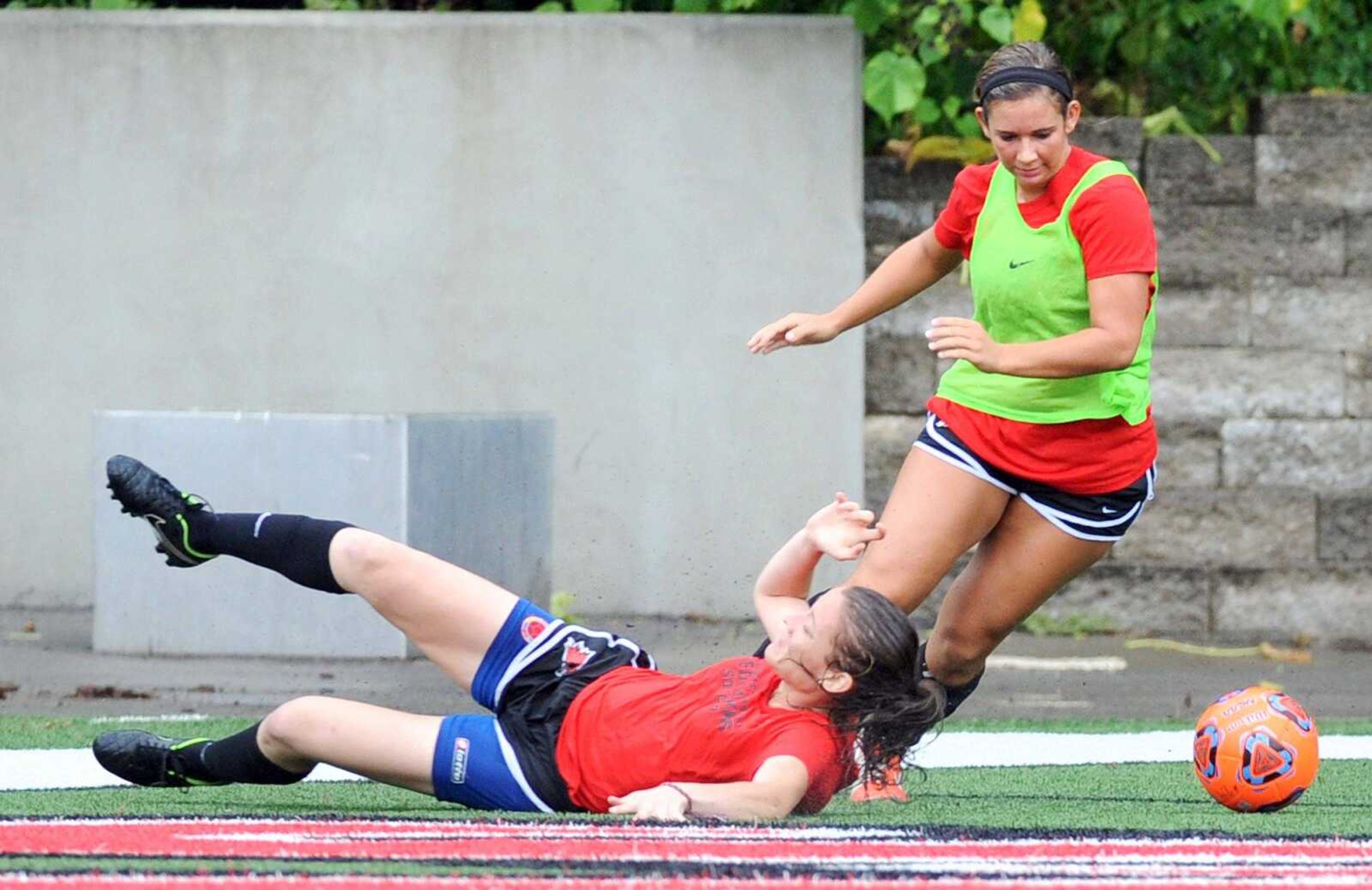 Southeast Missouri State soccer players practice, Wednesday, Aug. 5, 2015, at Houck Stadium in Cape Girardeau. (Laura Simon)