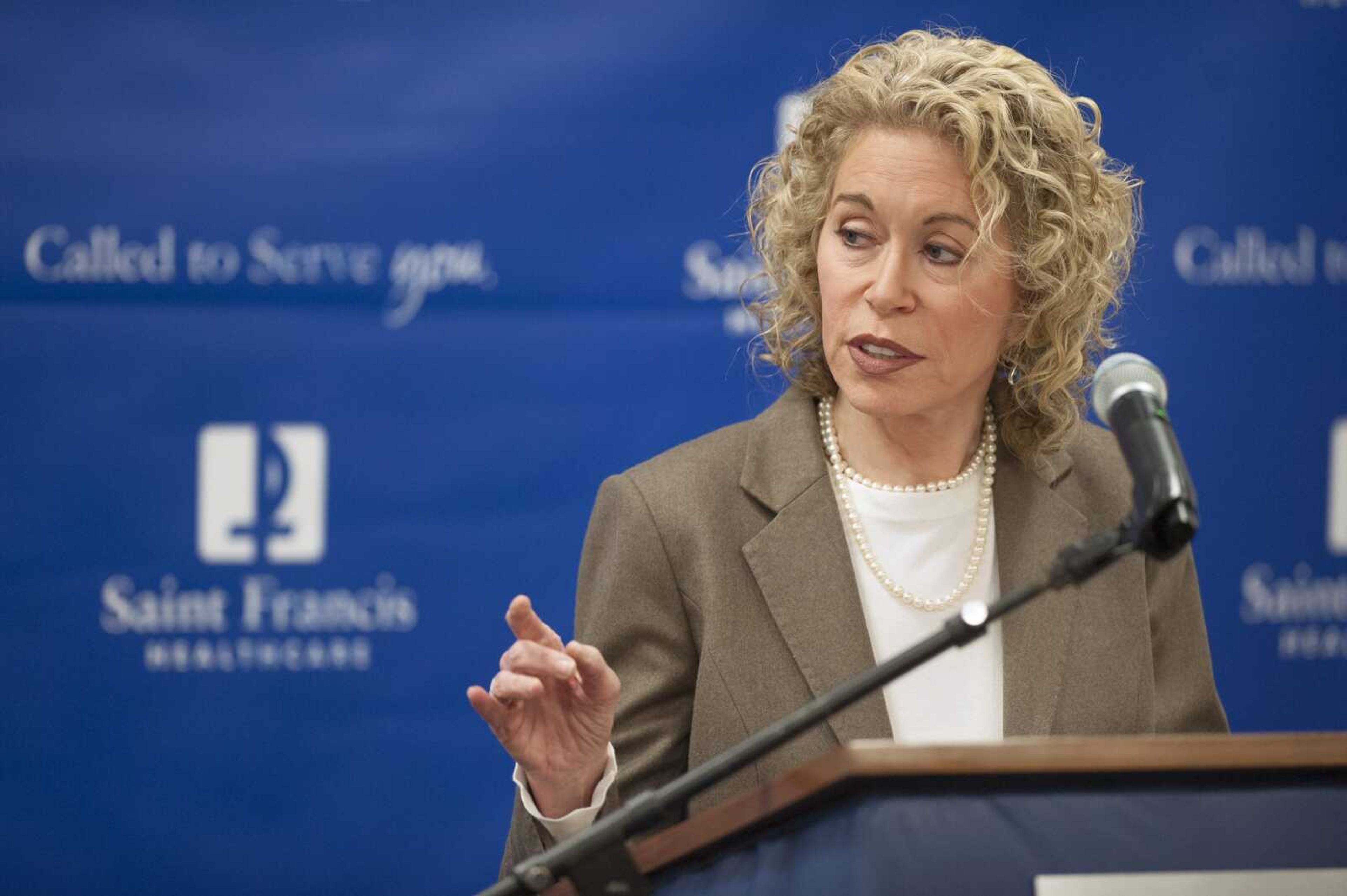 Maryann Reese, president and CEO of Saint Francis Healthcare System, reads a prepared statement announcing the termination of the medical center's contract with United Healthcare on Monday inside the All Saints Conference Center at Saint Francis Medical Center in Cape Girardeau. Saint Francis facilities will be out of network with United on March 5.