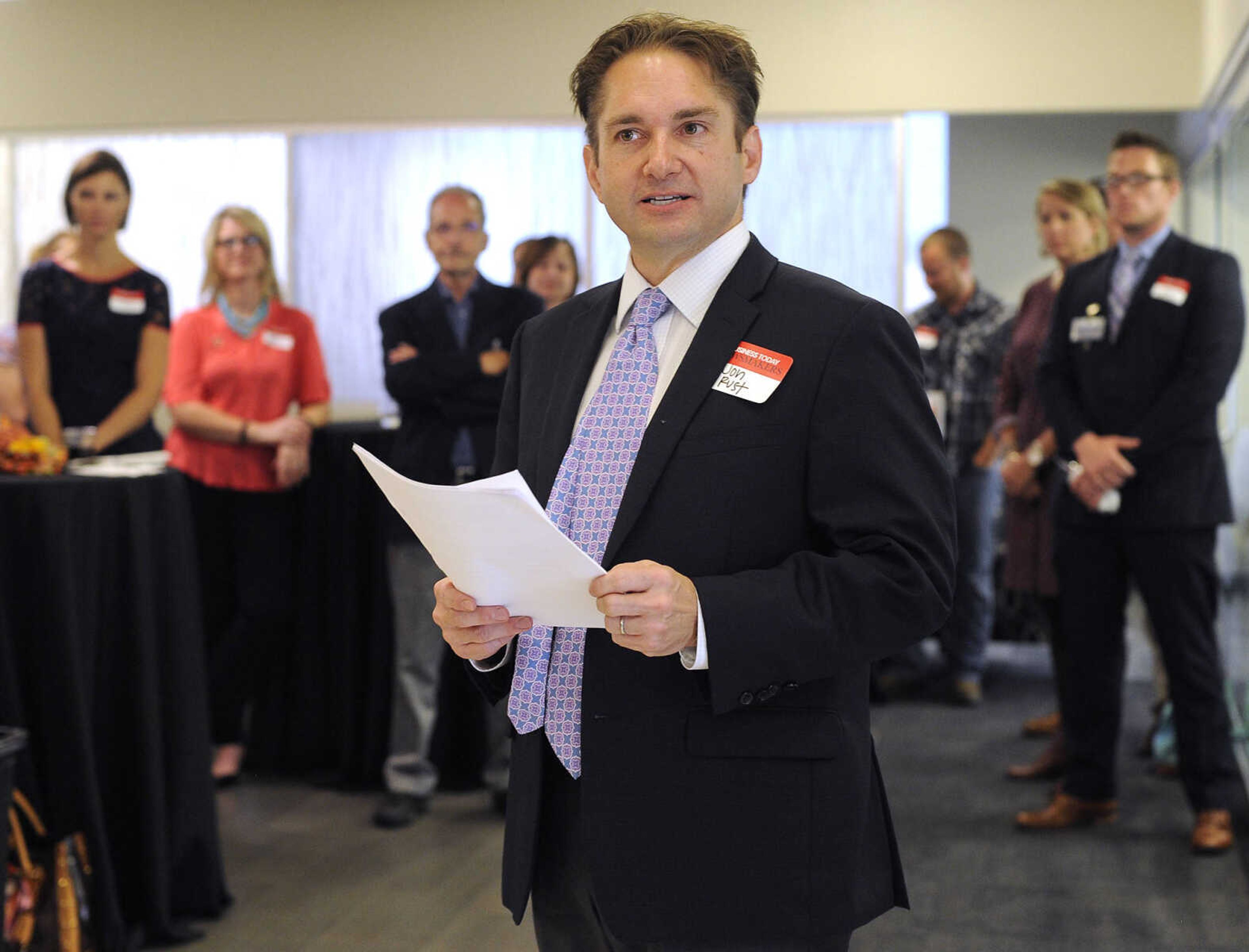 FRED LYNCH ~ flynch@semissourian.com
Jon K. Rust, publisher of the Southeast Missourian and co-president of Rust Communications, speaks at the Business Today Newsmakers awards reception Wednesday, Sept. 7, 2016 at First Midwest Bank in Cape Girardeau.