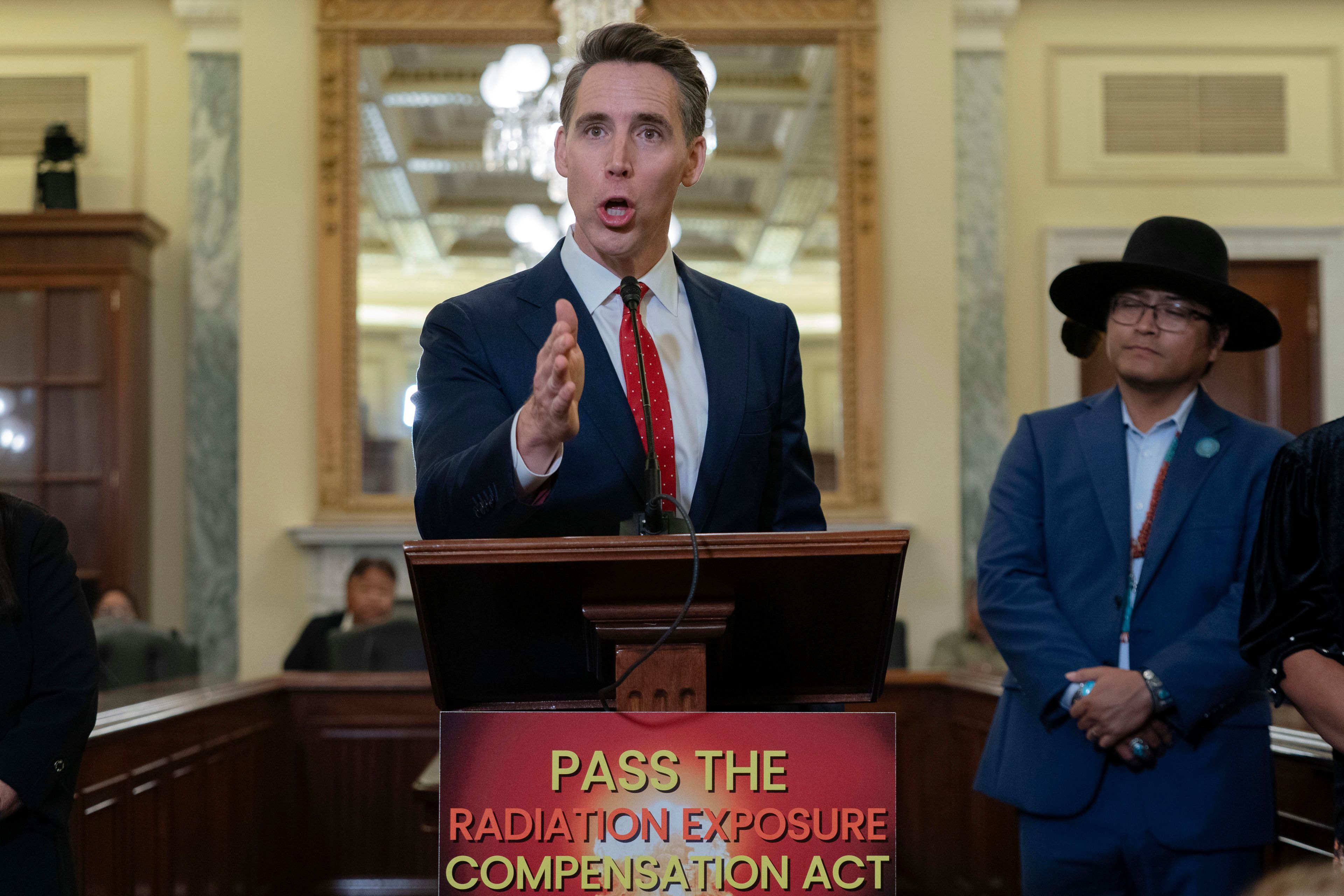 FILE - Sen. Josh Hawley, R-Mo., speaks about the Radiation Exposure Compensation Act during a news conference on Capitol Hill in Washington, Sept. 24, 2024. (AP Photo/Jose Luis Magana, File)